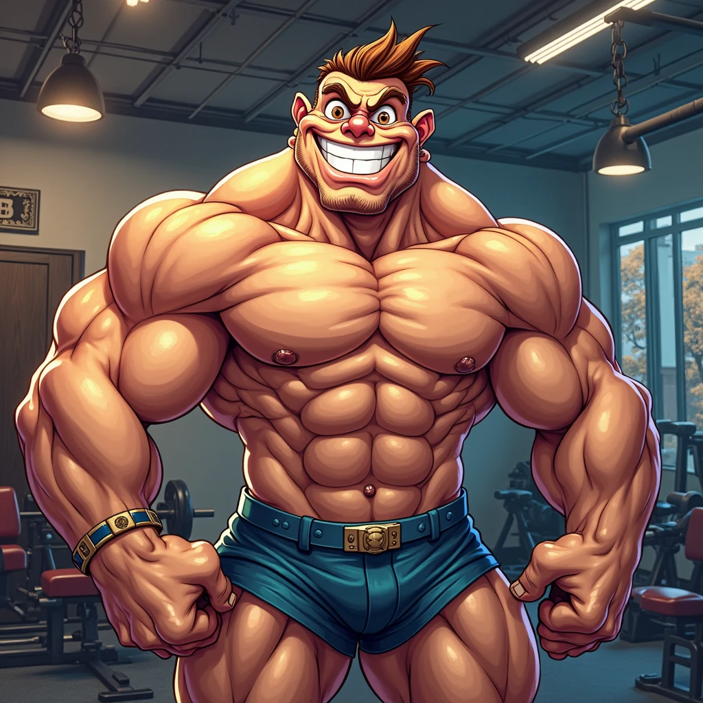 A very attractive young man with very short dark orange hair combed severely back, (hairy) although 4 small strands of hair just a couple of centimeters long fall on his forehead, his skin is tanned in a copper tone and amber eyes (((YELLOW WYES))) ((dark orange eyebrows)). He is shirtless. He is very muscular with broad shoulders, prominent pectorals and very marked abs, in the bodybuilding competition, on stage with others bodybuilders at his sides of 15 years old (Mexican ethnicity) wearing a thong (metallic color: silver thong)