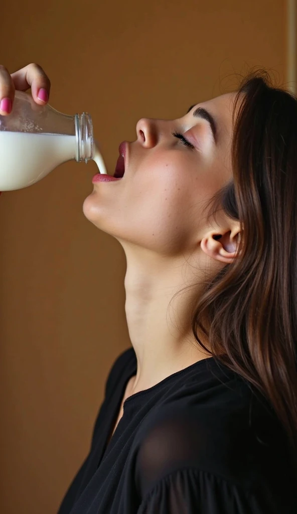 woman, from the front, with milk, in her mouth