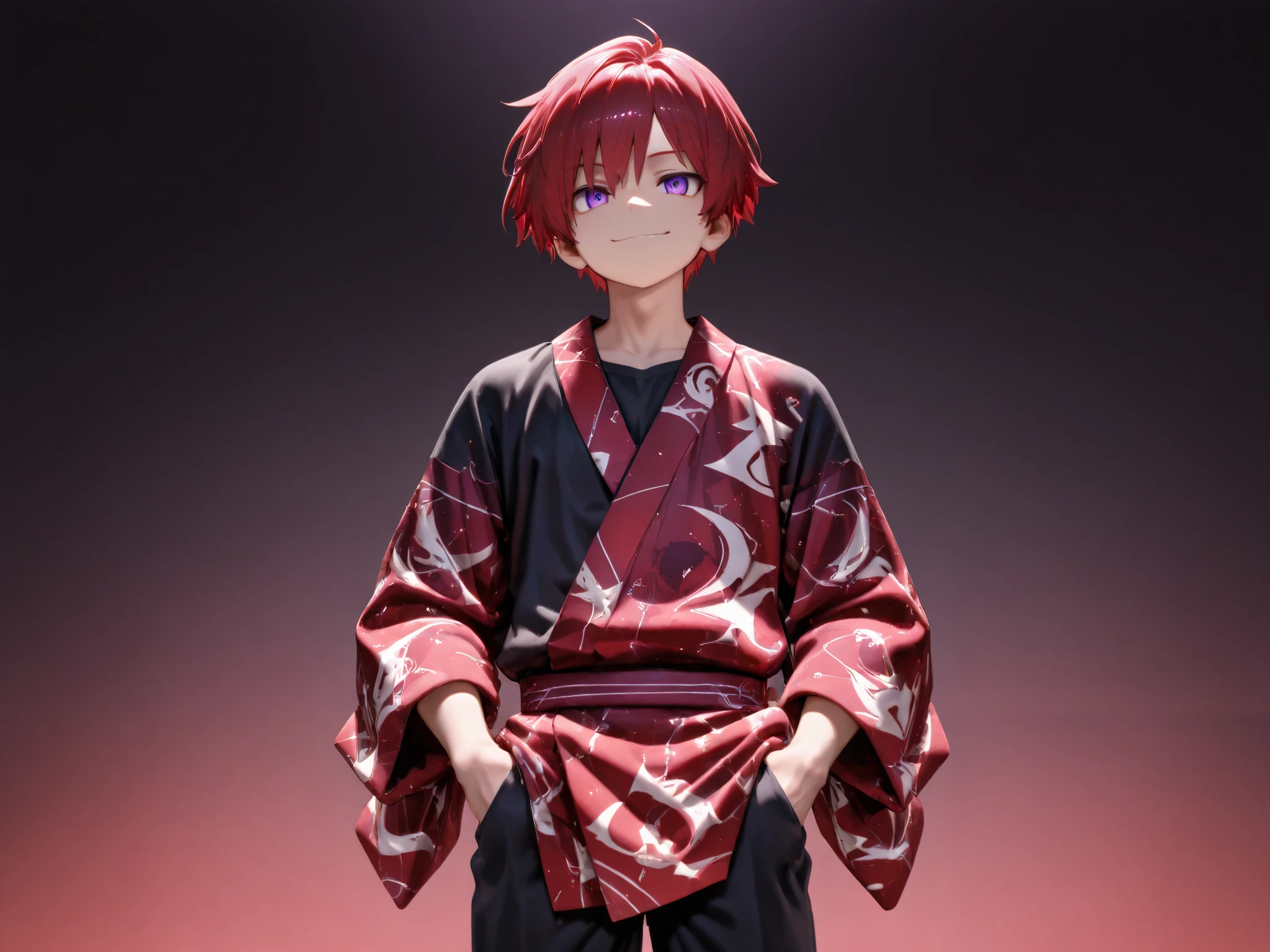 (Rulax: (solo, Man:1.2),(male focus),red hair, purple eyes, red yukata, black shirt, oversized black pants), little smile, cowboy shot, neutral standing, hands on pockets, (Highly detailed, Absurdres, Anatomically correct, Best quality), at eye-level view, simple background, gradient background, purple to black