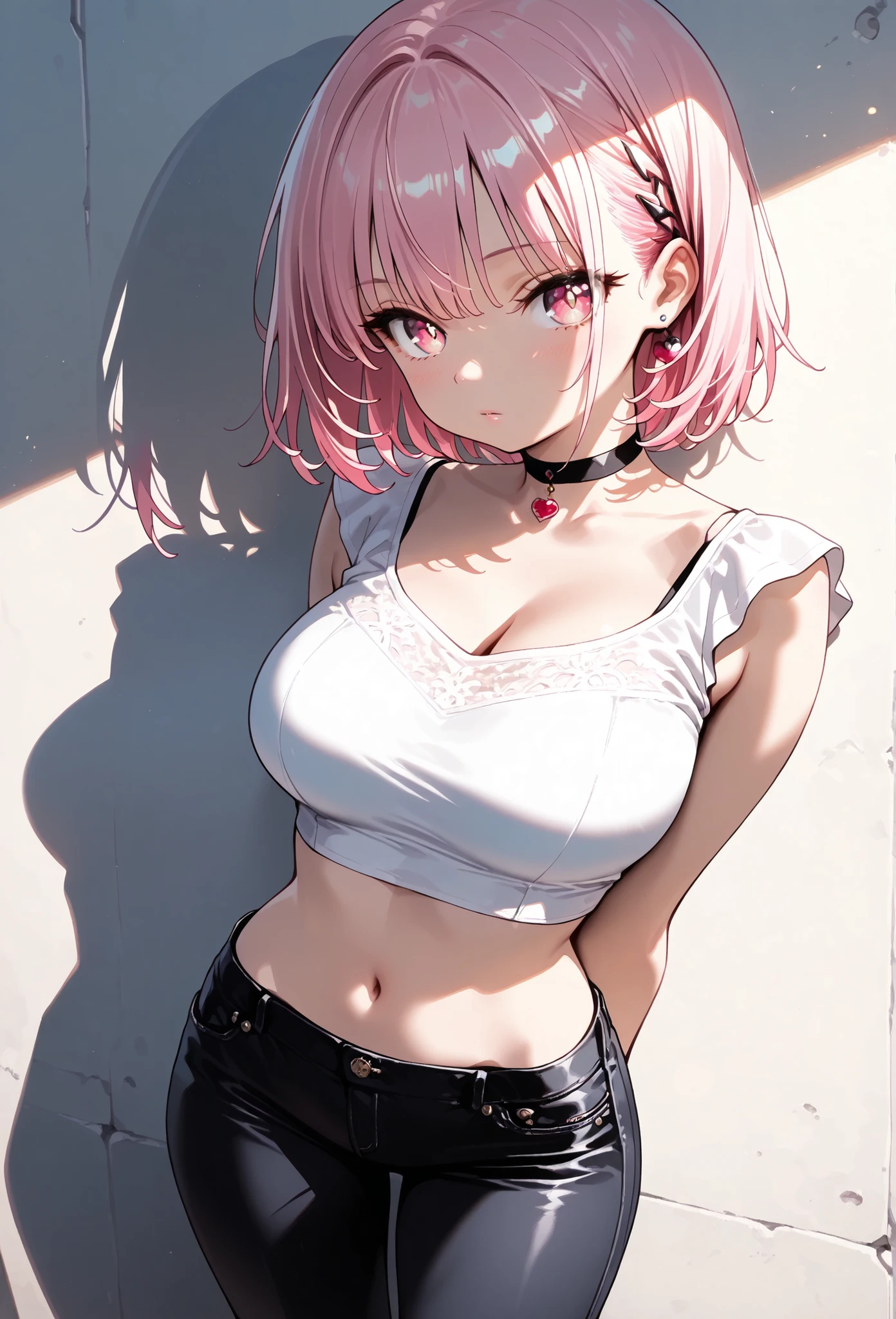 (masterpiece, best quality:1.4), official art, absurdres, vivid colors, looking at viewer, girl, asian , long pink hair, beautiful eyes, tight crop top, tight pants, choker, navel, slender, big breasts, cleavage, (arch back), small head, sharp focus, dynamic lighting, cinematic lighting, dramatic shadow, highres, ultra detailed, finely detail, extremely detailed, detailed eyes and face, sharp pupils, realistic pupils, simple background, (arms and hands behind back), pastel color palette,