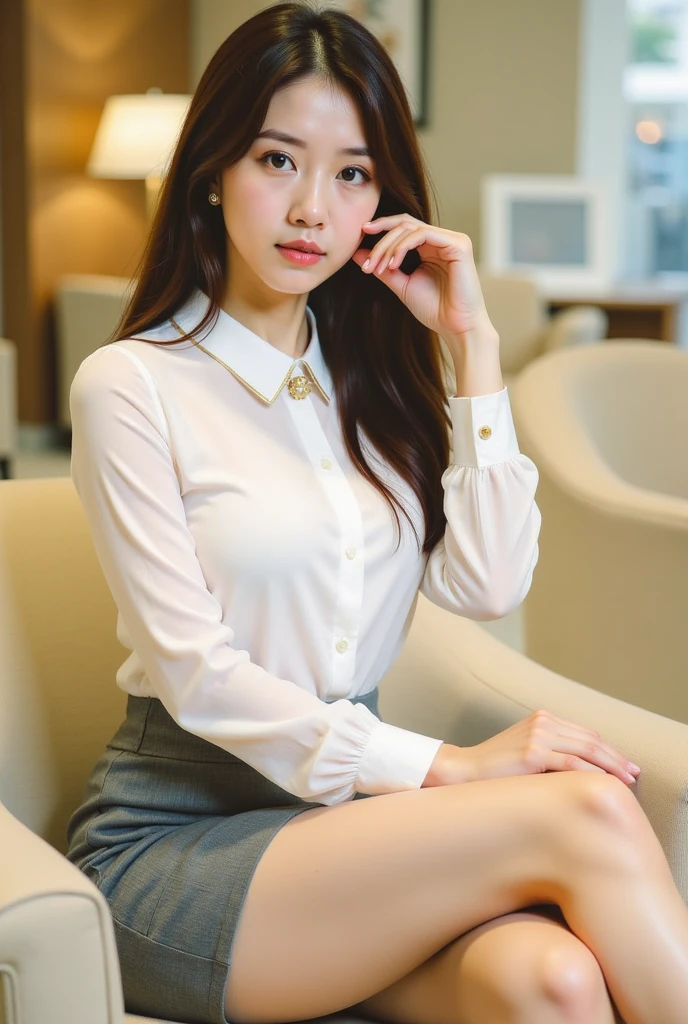 (smile)、((nipple見え))、(translucent shirt:1.2)、(In 8K、highest quality、masterpiece:1.2)、(genuine、photogenuineistic:1.37)、Super detailed、1 girl、cute、、Big eyes、beautiful detailed eyes、office、、(blush your nose)、 (perfect beautiful beautiful face:1.15)、(closed mouth)、細やかなbeautiful eyes、(skeleton shirt:1.1)、daytime、、short cut hair、、white lace、(short hair:1.5)、floating hair、body、20 year old woman、brown hair、、brown eyes、small head、((M cup fashion girl、beautiful eyes、genuine face、genuine skin、genuine-looking face、genuineな肌、fine eyes、、(No underwear:1.3)、、viewer、Look carefully at the face and chest、, see-through shirt。the tip of the chest sticks out。Areola is protruding。(The shape of the genitals is clearly visible), lots of eyelashes。black eyeshadow。bright red lips。black sexy high heels。pubic hair。The lower abdomen is bristly。thin。thighs are open。pubic hairが非常に多い。nippleは非常に突き出ています, そして繊細なbody型、dark blue suit、camel'With toes、protruding pussy_nipple