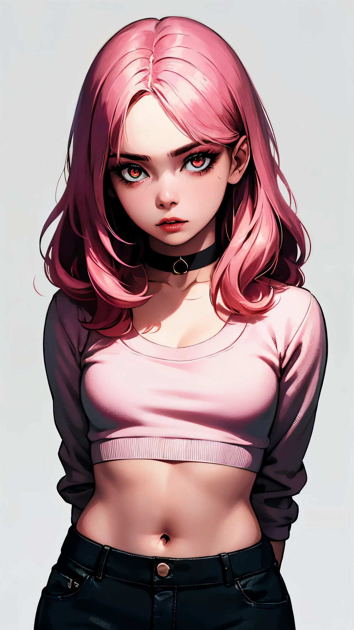 (masterpiece, best quality:1.4), official art, absurdres, vivid colors, looking at viewer, girl, asian , long pink hair, beautiful eyes, tight crop top, tight pants, choker, navel, slender, big breasts, cleavage, (arch back), small head, sharp focus, dynamic lighting, cinematic lighting, dramatic shadow, highres, ultra detailed, finely detail, extremely detailed, detailed eyes and face, sharp pupils, realistic pupils, simple background, (arms and hands behind back), pastel color palette, 