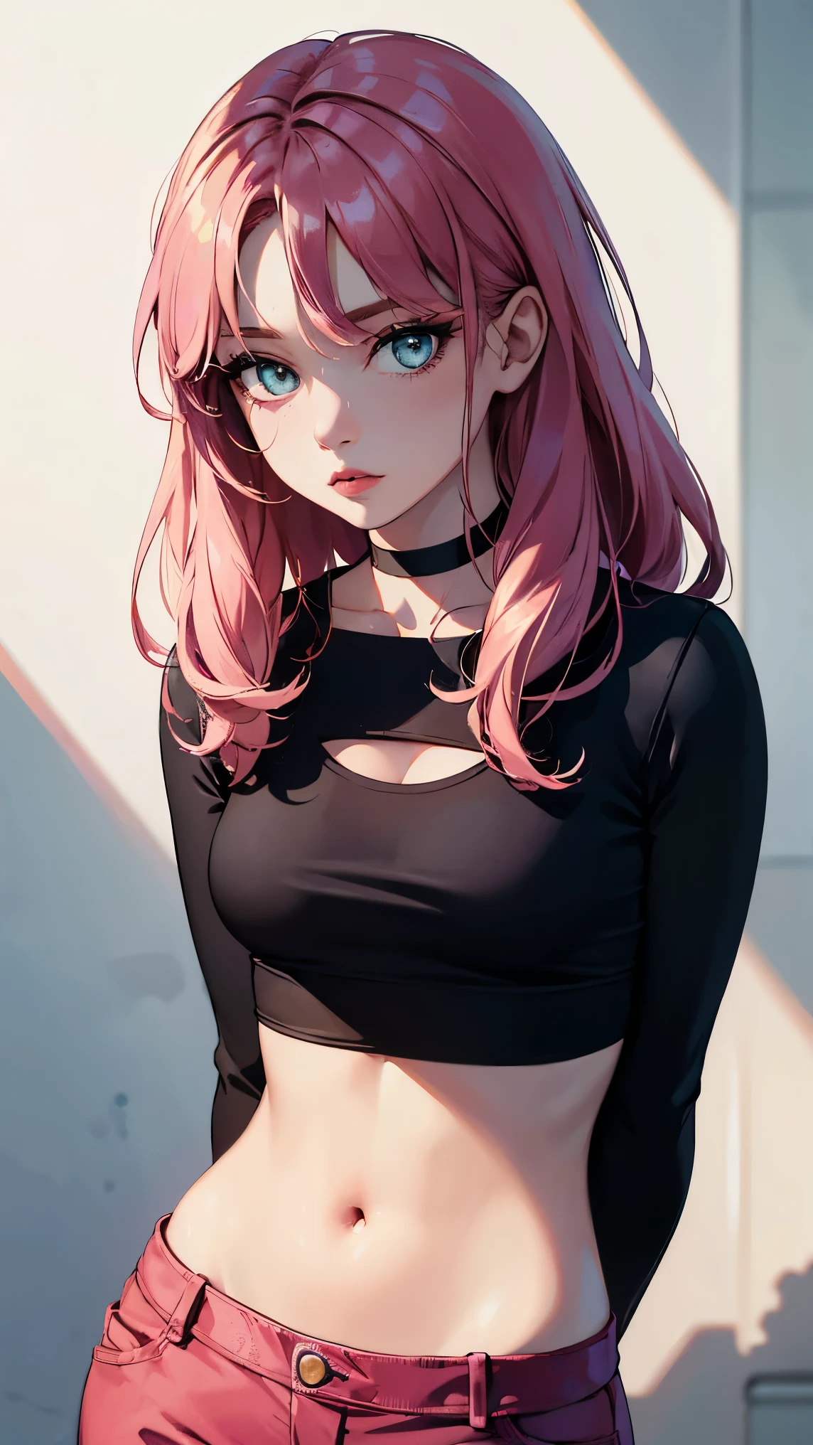 (masterpiece, best quality:1.4), official art, absurdres, vivid colors, looking at viewer, girl, asian , long pink hair, beautiful eyes, tight crop top, tight pants, choker, navel, slender, big breasts, cleavage, (arch back), small head, sharp focus, dynamic lighting, cinematic lighting, dramatic shadow, highres, ultra detailed, finely detail, extremely detailed, detailed eyes and face, sharp pupils, realistic pupils, simple background, (arms and hands behind back), pastel color palette,
