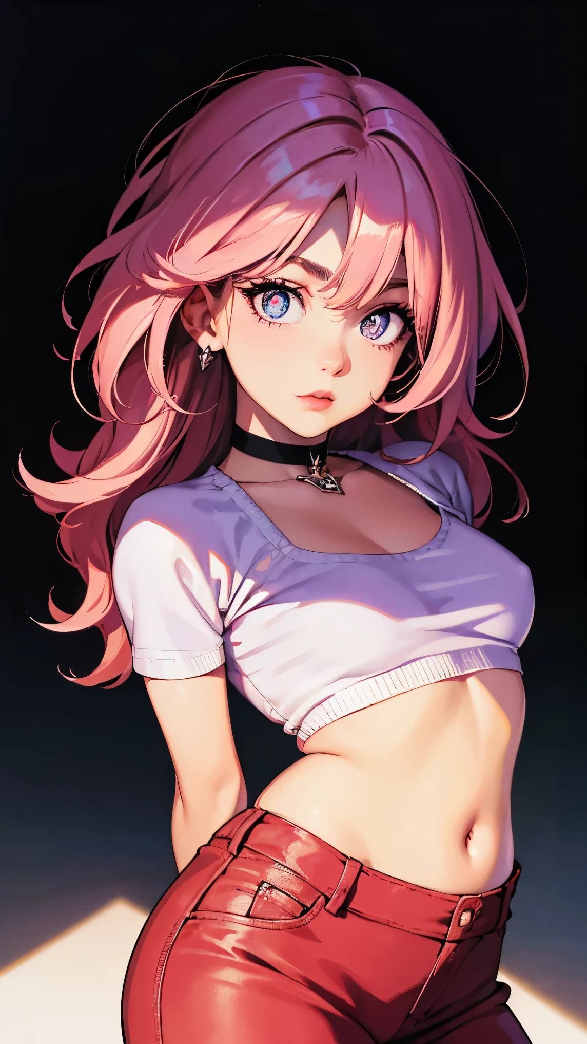 (masterpiece, best quality:1.4), official art, absurdres, vivid colors, looking at viewer, girl, asian , long pink hair, beautiful eyes, tight crop top, tight pants, choker, navel, slender, big breasts, cleavage, (arch back), small head, sharp focus, dynamic lighting, cinematic lighting, dramatic shadow, highres, ultra detailed, finely detail, extremely detailed, detailed eyes and face, sharp pupils, realistic pupils, simple background, (arms and hands behind back), pastel color palette,
