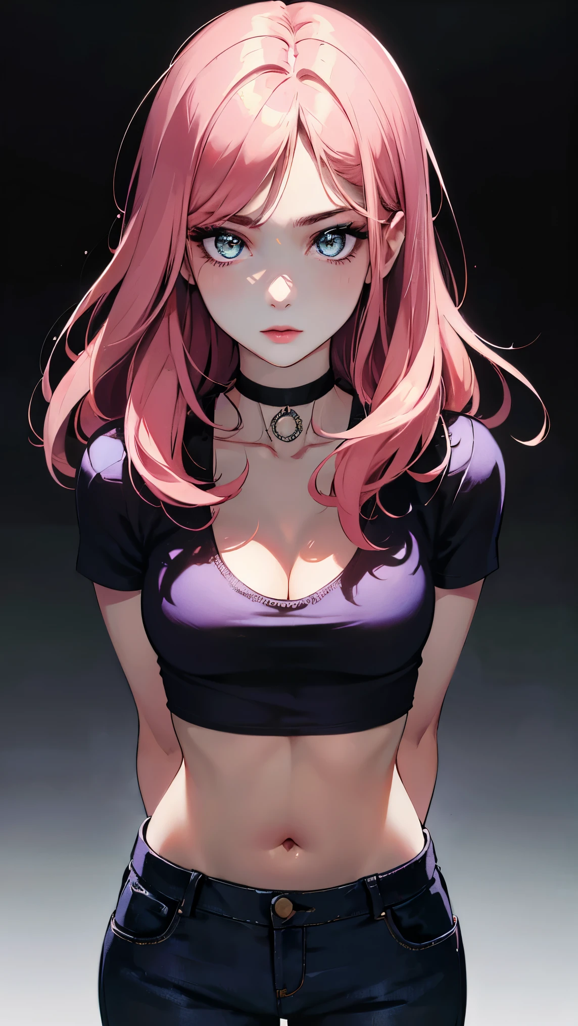 (masterpiece, best quality:1.4), official art, absurdres, vivid colors, looking at viewer, girl, asian , long pink hair, beautiful eyes, tight crop top, tight pants, choker, navel, slender, big breasts, cleavage, (arch back), small head, sharp focus, dynamic lighting, cinematic lighting, dramatic shadow, highres, ultra detailed, finely detail, extremely detailed, detailed eyes and face, sharp pupils, realistic pupils, simple background, (arms and hands behind back), pastel color palette,