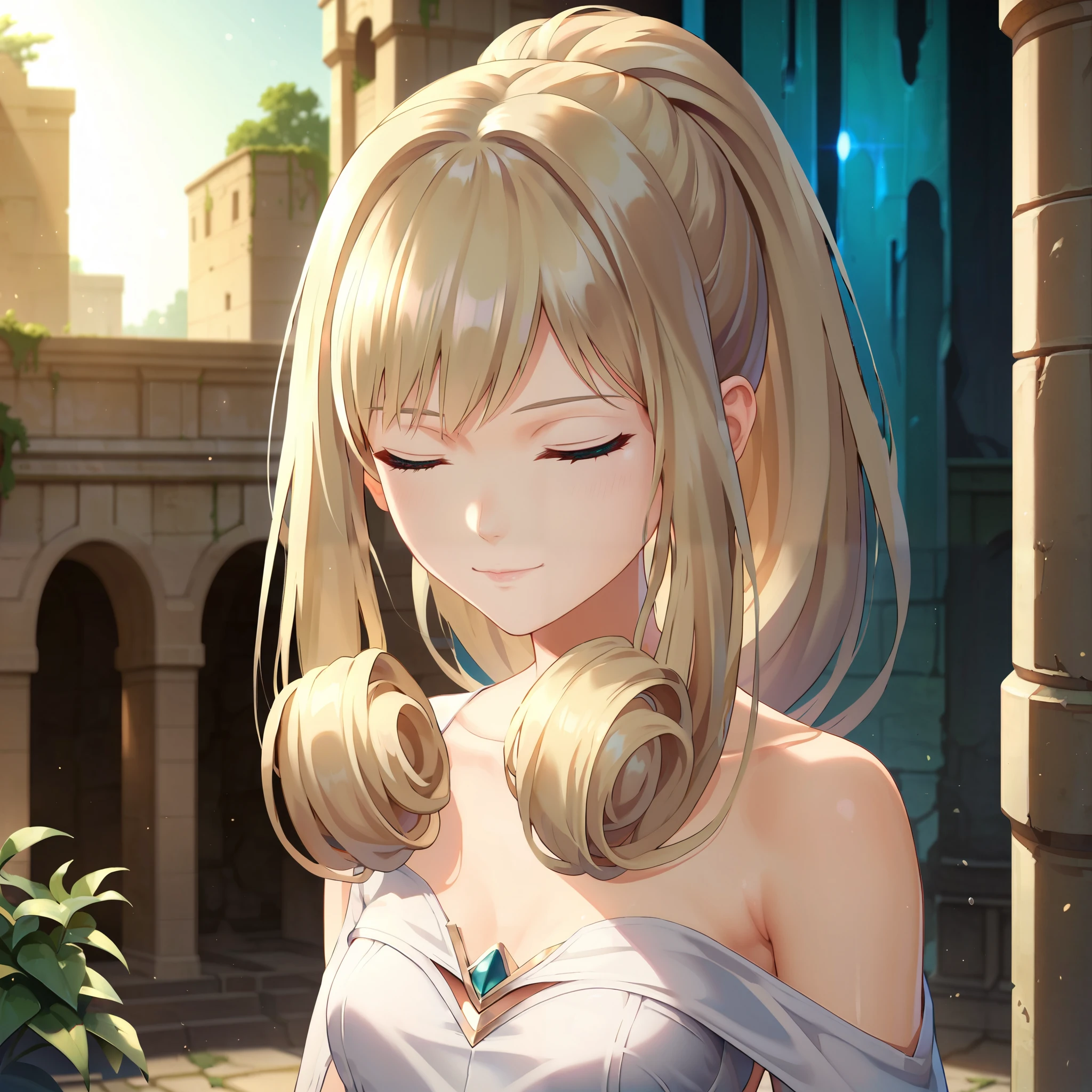 score_9, score_8_up, score_7_up, 1girl, solo, portrait, close-up, ,, melia antiqua,medium hair, teal eyes, ruins and water background ,blonde hair,golden hair,perfect hair,glossy hair,smooth hair,shiny hair,,detailed hair,cowboy shot,slim body,small breast,young face,delicated face,delicated body,full body,cowboy shot,perfect body,perfect legs,perfect waist,slim body,ponytail,shiny eyes,,delicated face,delicated body,young girl,very light smile,15% closed eyes,platinum blonde hair