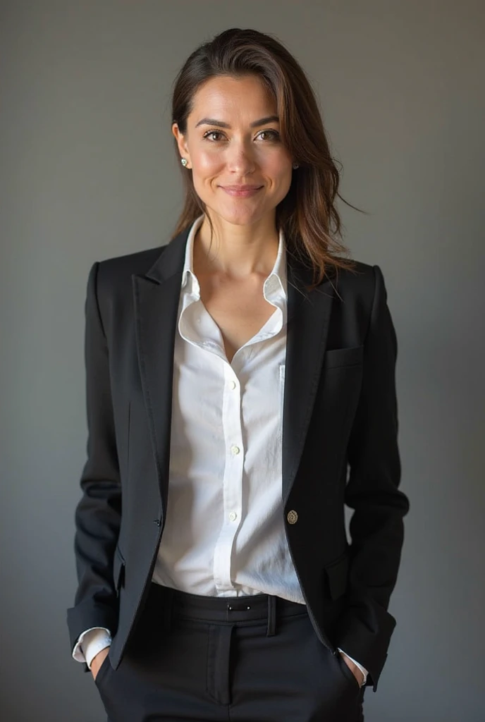smiling woman with a black tie on and a white dress shirt and a black suit jacket and matching pants, dressed formally, short and wide body, fat body, fat face, curvy, jiggly belly and thighs, thicc, overweight, big smile on her face, smiling and looking directly, this person does not exist, insane smile, marisa tomei-carly rae jepsen merged, entire body visible, full body, hyperrealistic, real human skin, best quality, 8K, masterpiece, extremely intricate, medium closeup, detailed eyes, detailed face, detailed body, exaggerated features, pronounced features, fujifilm,