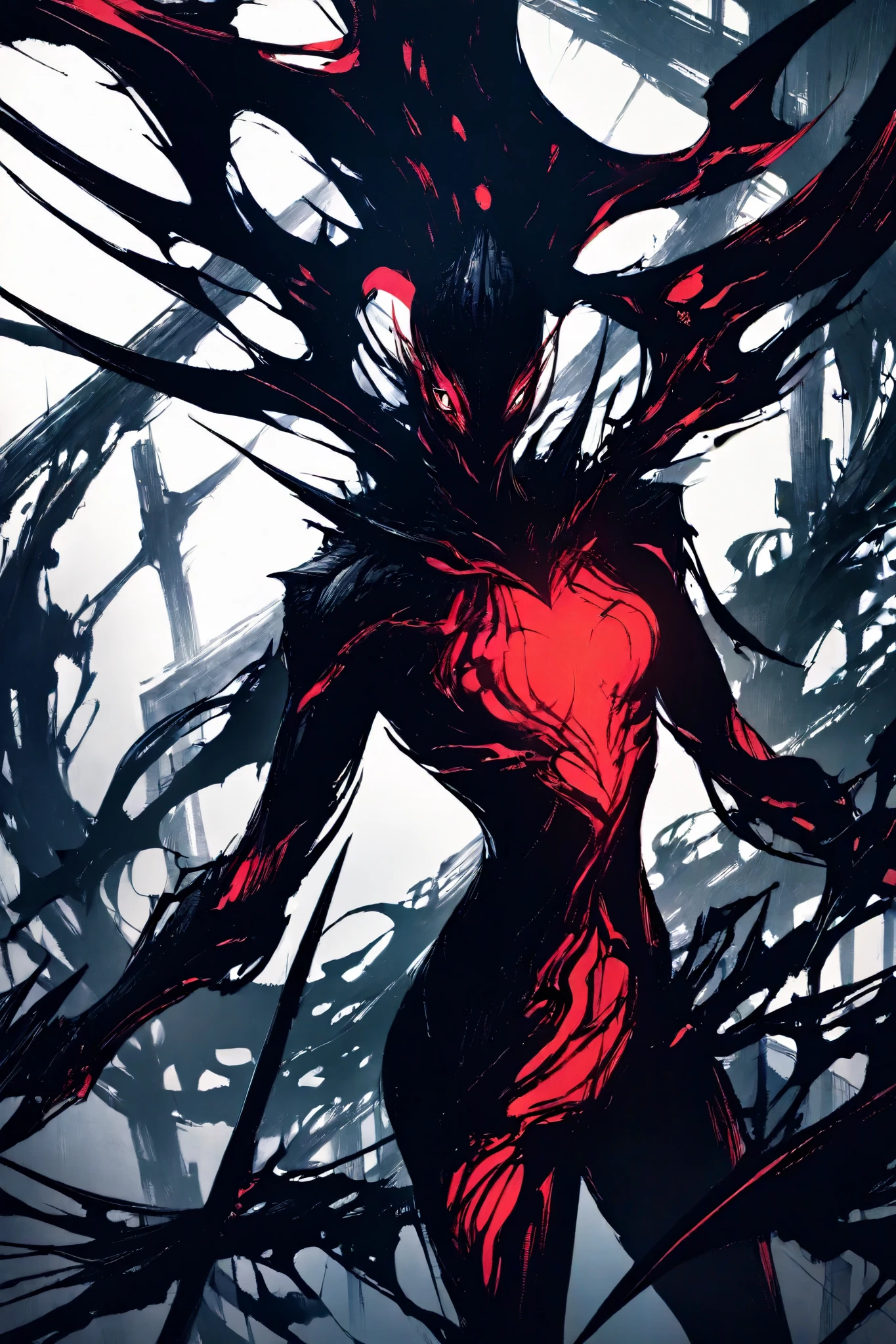 When he speaks , her face appears on her abdomen or back, with a smile that is too wide and completely black eyes. sometimes, her hands emerge from Veyra's shoulders like extra limbs.
independent shape: When separated, it becomes a dark and thin figure, with no visible legs, floating like a twisted shadow with elongated claws.
eyes: Two bright red dots in the dark. When it is in its full form, has more eyes scattered across her body.
boca: Full of irregular and sharp teeth, always stretching as if her jaw had no limit.