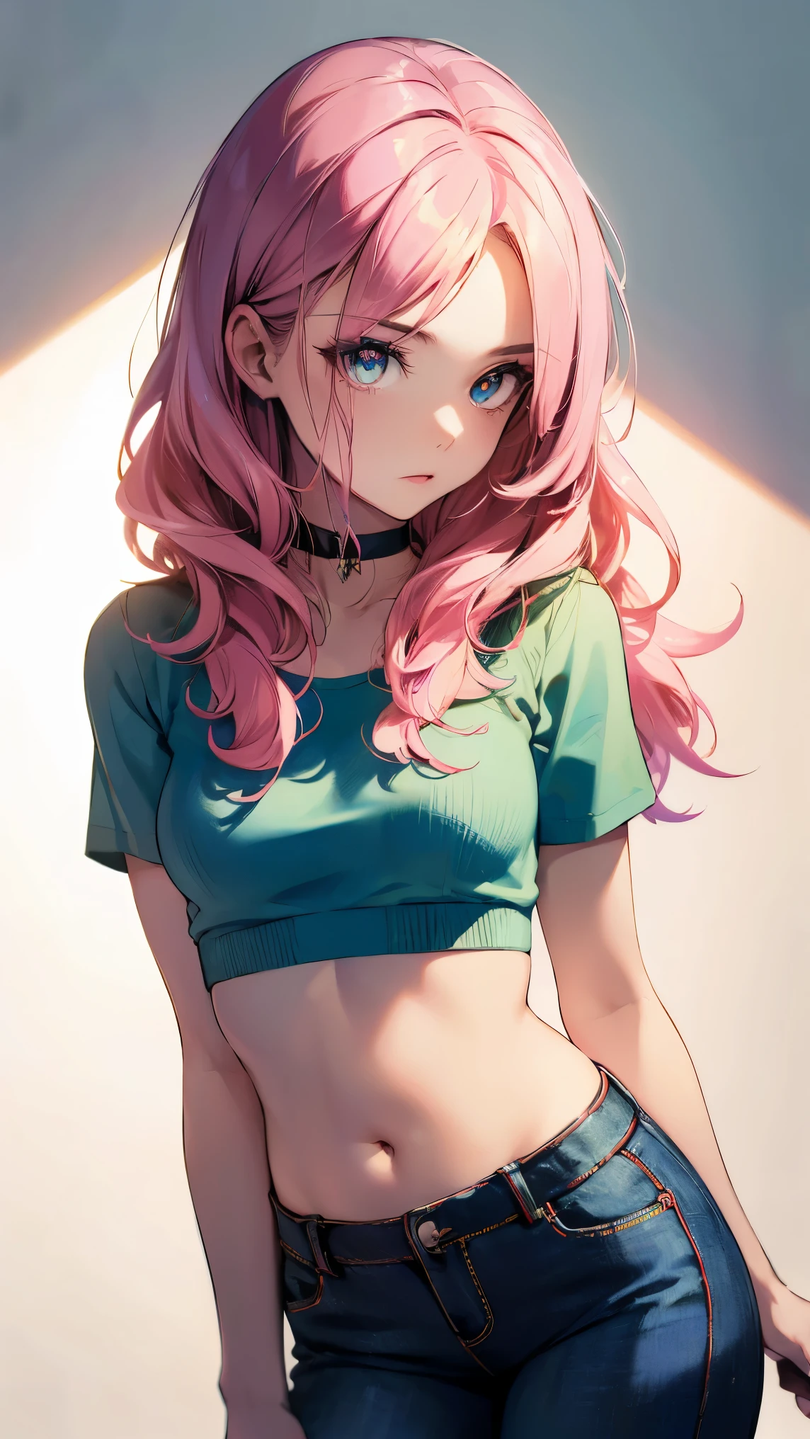 (masterpiece, best quality:1.4), official art, absurdres, vivid colors, looking at viewer, girl, asian , long pink hair, beautiful eyes, tight crop top, tight pants, choker, navel, slender, big breasts, cleavage, (arch back), small head, sharp focus, dynamic lighting, cinematic lighting, dramatic shadow, highres, ultra detailed, finely detail, extremely detailed, detailed eyes and face, sharp pupils, realistic pupils, simple background, (arms and hands behind back), pastel color palette,