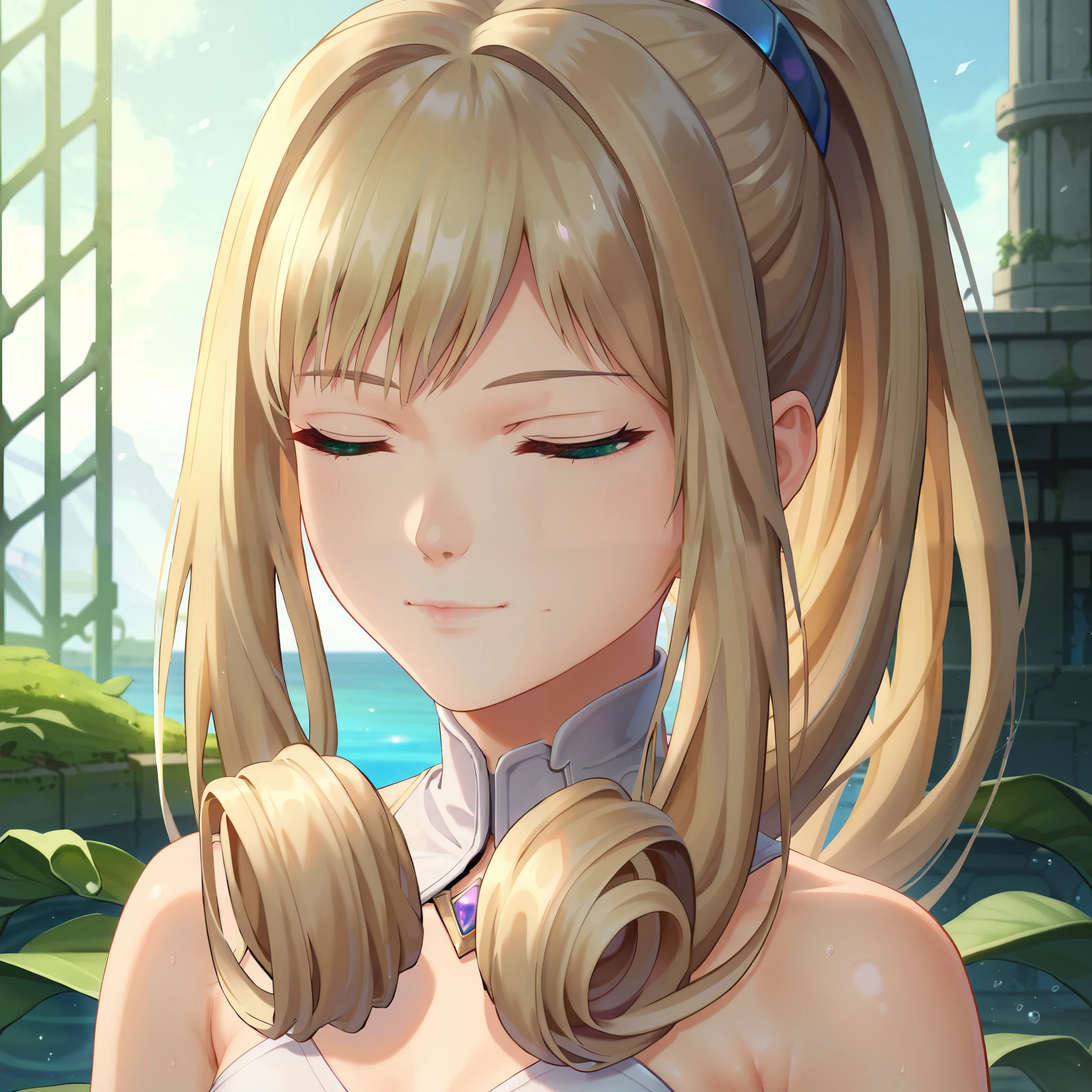 score_9, score_8_up, score_7_up, 1girl, solo, portrait, close-up, ,, melia antiqua,medium hair, teal eyes, ruins and water background ,blonde hair,golden hair,perfect hair,glossy hair,smooth hair,shiny hair,,detailed hair,cowboy shot,slim body,small breast,young face,delicated face,delicated body,full body,cowboy shot,perfect body,perfect legs,perfect waist,slim body,ponytail,shiny eyes,,delicated face,delicated body,young girl,very light smile,15% closed eyes,platinum blonde hair