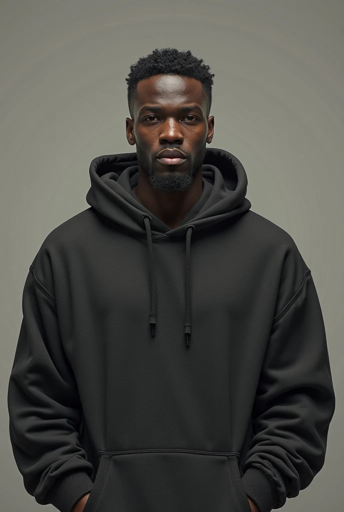 best qualityer:1.4), (ultra high resolution:1.2), (photorrealistic:1.4), (8k, CRU photo:1.2), a thin young man of 20 years old, skin black, with a smooth, beardless face, short american haircut on the sides and top, is wearing a black hooded sweatshirt. He's wearing a hood. he is wearing white underwear. He is sitting on the white sofa in a room.