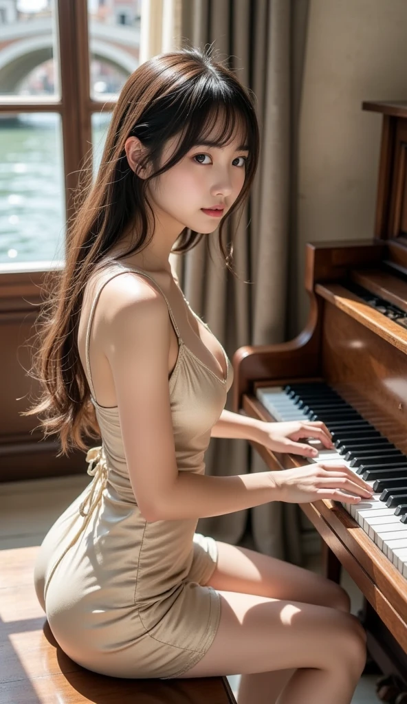 (Beautiful girl playing piano in the living room, super detailed piano), Mysterious, clear々A nice morning, Window, (15 years old, Baby Face), clear楚な衣装, Beautiful breasts, ((Detailed eyes and face, Professional photography techniques, Natural bright lighting)), ((Detailed hands, Delicate pianist's hands)), (Highest quality, 8K, masterpiece:1.2, RAW Photos)