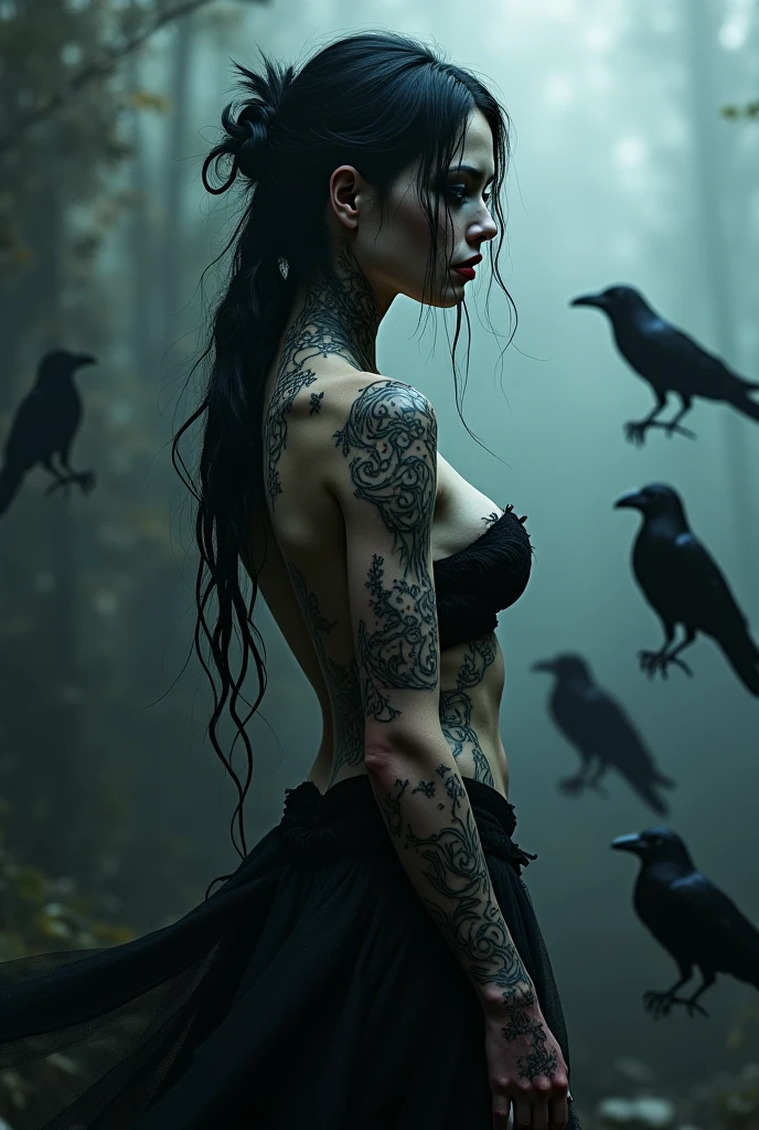 a tribal ultra-sexy witch, wolf and raven,(best quality,4k,8k,highres,masterpiece:1.2),ultra-detailed,(realistic,photorealistic,photo-realistic:1.37),detailed eyes,detailed lips,extremely detailed face and hair,beautiful woman,intricate tribal tattoos,black wolf,large black raven,dark magical forest background,moody dramatic lighting,deep saturated colors,cinematic composition