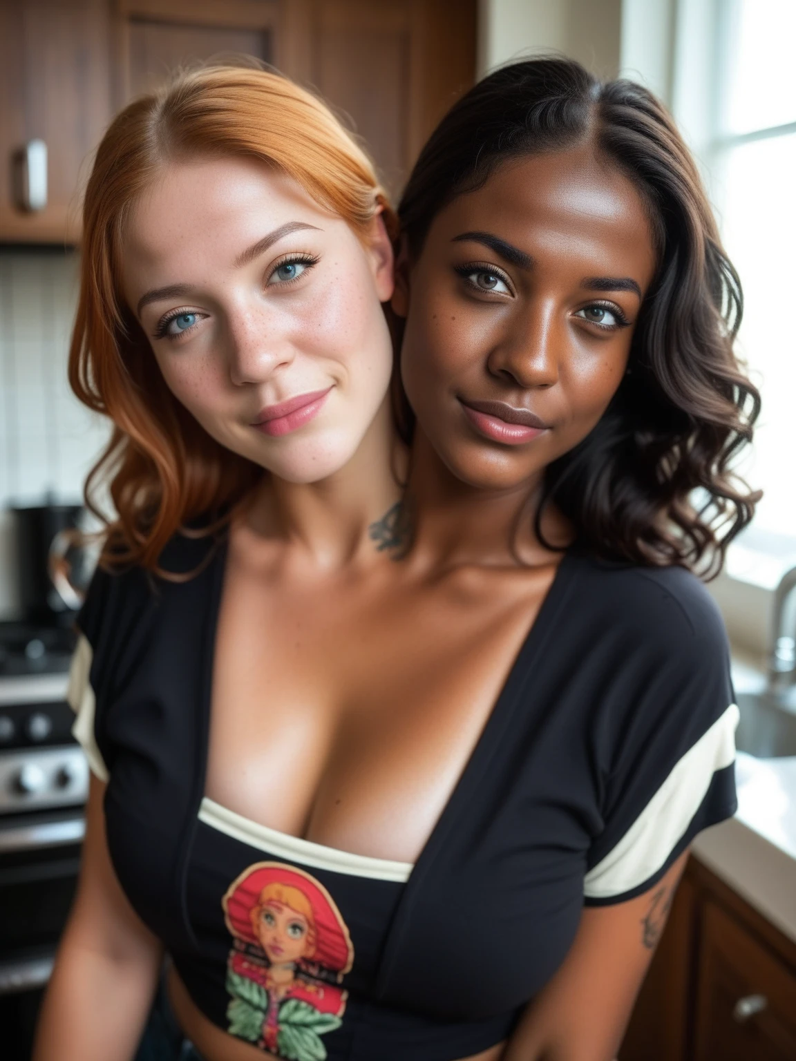 30-year-old dark skinned Nigerian woman named Biena and, her pale white Swedish lover with orange hair named Estella, rival bakers, (hugging each other tight, squishing their bodies together, slow dancing, hanging in her arms, flowing together), gazing at each other, eyes averted, in love, lusting after each other, they had sex together, (detailed kitchen, traditional home kitchen, wooden cabinets, soft lighting, warm lighting, bakery background) (( Estella is a pale white German woman, orange hair, messy bun, bangs over forehead, lots of freckles all over her body, slim body, fit body)), ((Biena is 30-year-old, sexy, black short and straight hair, bangs, dark brown African skin, suntanned skin, black skin, onyx skin, ebony skin, tattoos on her body, thicc thighs, slightly chubby)), ultra-realistic photo, feminine features, ((both have very different facial features, ethnicities, and skin colors)), ((wearing sexy apron and lingerie)), conjoined, 2 heads, different heads, different skin colors, vitiligo, harsh mixing, clear boundary where skin color changes, smooth transition, contrasting skin colors