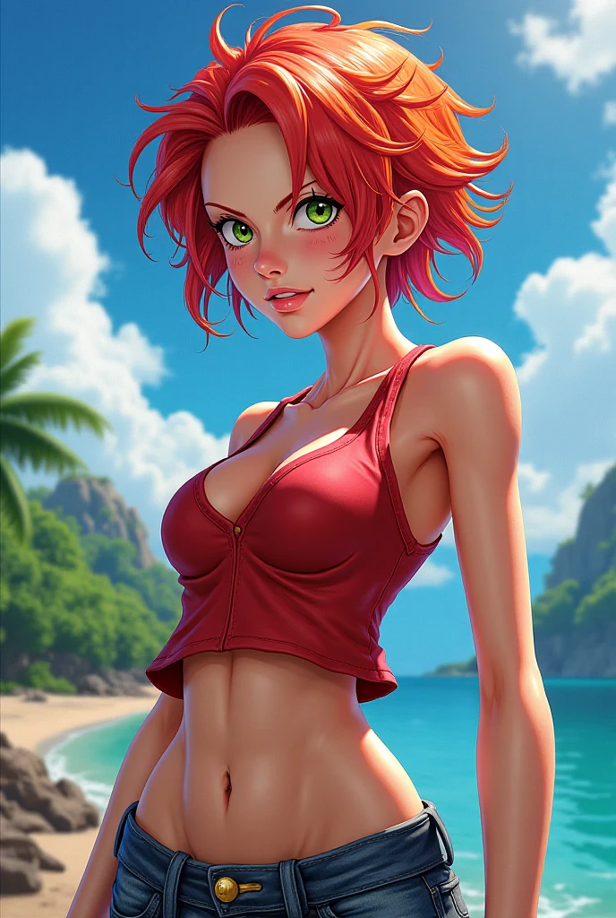 beautiful tanned woman, very small red clothes, short hair made of flames