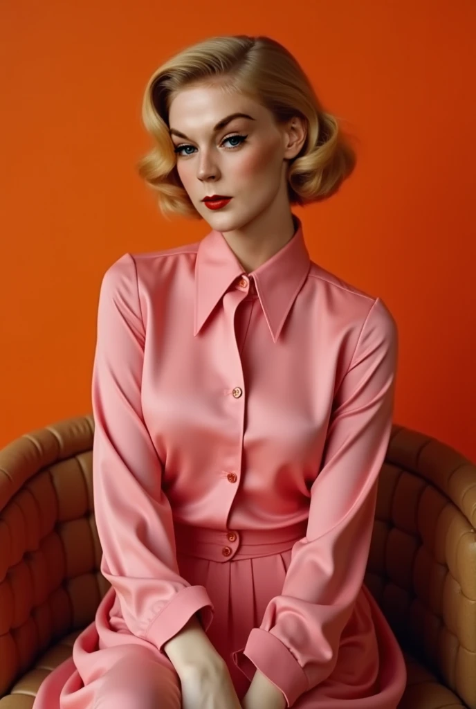 By slim aarons, isometric view of a incredibly cute young viktorian woman wearing a pink satin skirt with silky satin bow collar blouse, glossy fabrics, glowneon, Bedroom, window, indian summer, warm lightning, (copper-blonde hair:1.1), Empire, [skirt copper: -1]
