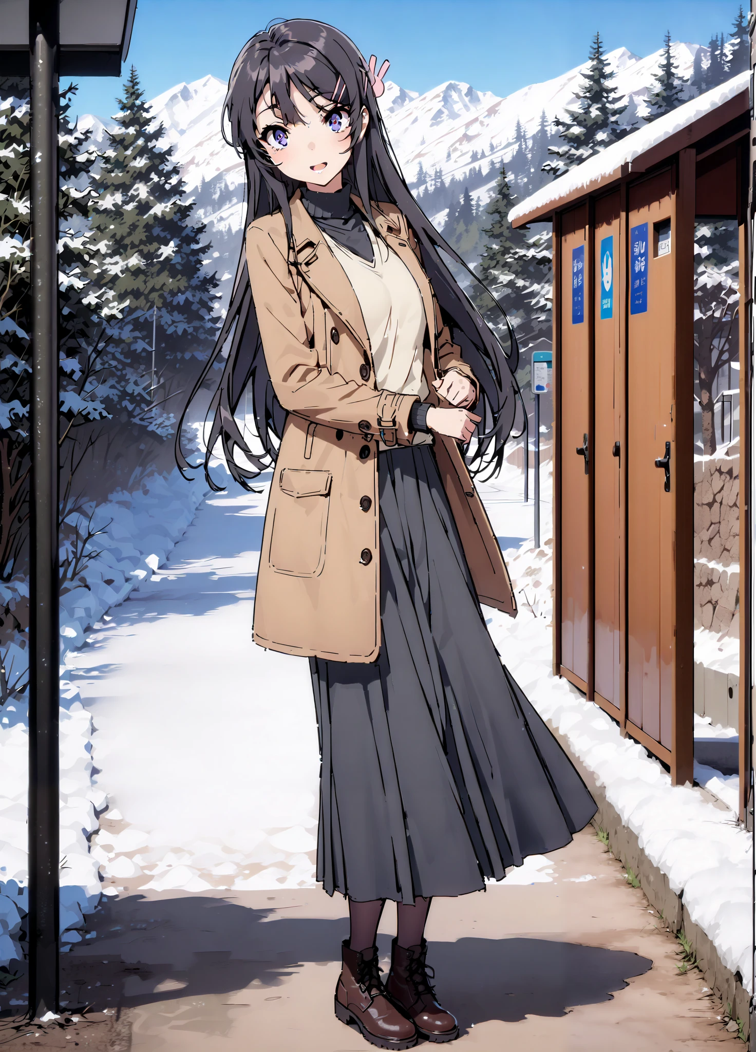 household, Mai Sakurajima , long hair, bungs,   black hair,Alone, hair accessories, purple eyes, hair clip for hair, rabbit hair accessories,smile,blush,open your mouth,Glasses, duffle coat,(sweater  :1.2),( turtleneck on acher:1.2),long skirt,long skirt,Black Pantyhose,boots,snow,winter,Standing residential area,Beautiful cityscape,,full bodyがイラストに入るように,
break looking at viewer,full body,
break outdoors, bus stop,
break (masterpiece:1.2),top quality , kampala, Unity 8K Wallpaper ,(shape:0.8),(  fine, beautiful eyes  :1.6),It's a person ,full body写真,CG Details , (perfect hands with full nudity, complete anatomy),