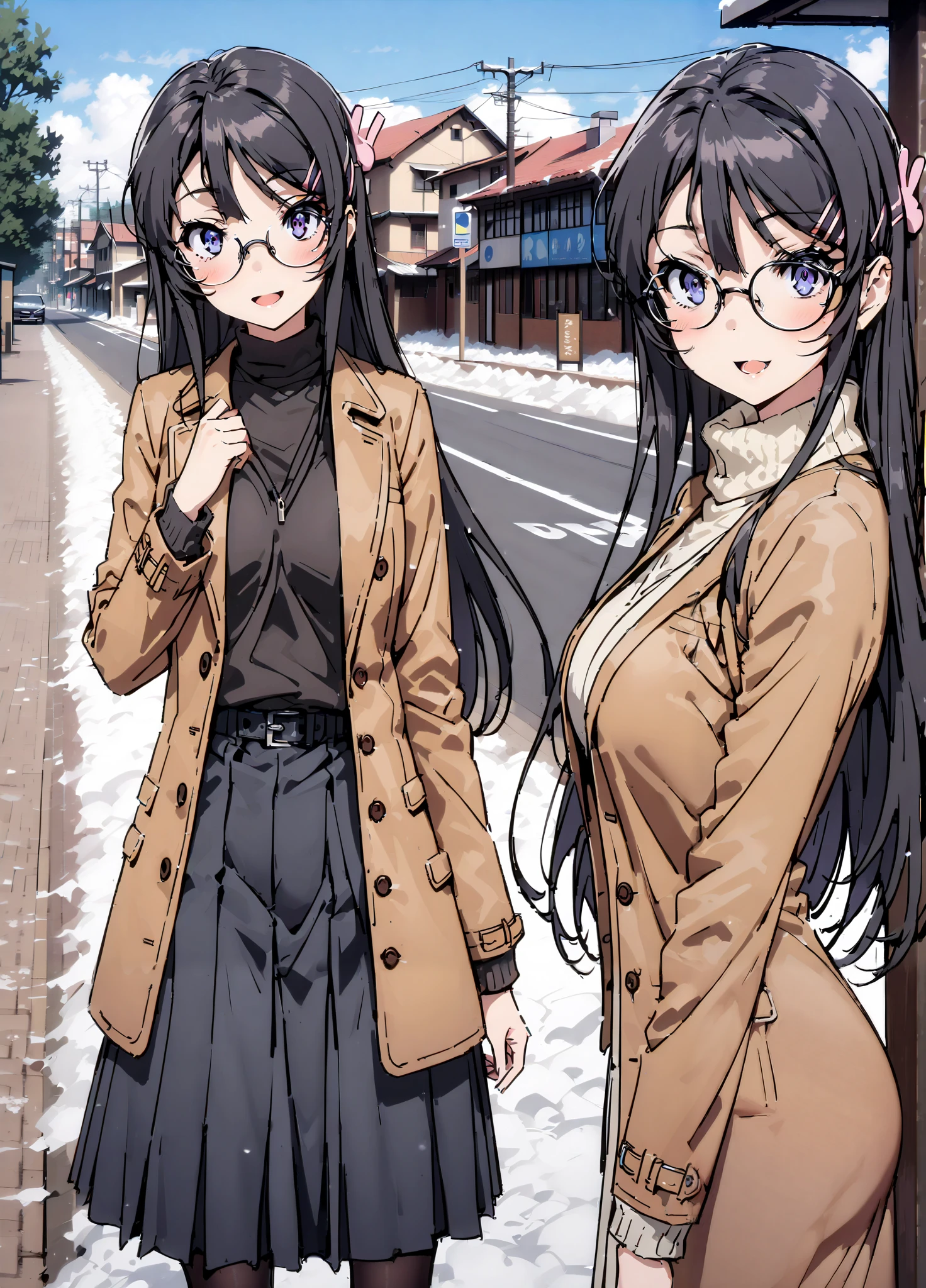 household, Mai Sakurajima , long hair, bungs, black hair,Alone, hair accessories, purple eyes, hair clip for hair, rabbit hair accessories,smile,blush,open your mouth,Glasses, duffle coat,(sweater :1.2),( turtleneck on acher:1.2),long skirt,long skirt,Black Pantyhose,boots,snow,winter,Standing residential area,Beautiful cityscape,,full bodyがイラストに入るように,
break looking at viewer,full body,
break outdoors, bus stop,
break (masterpiece:1.2),top quality , kampala, Unity 8K Wallpaper ,(shape:0.8),( fine, beautiful eyes :1.6),It's a person ,full body写真,CG Details , (perfect hands with full nudity, complete anatomy),