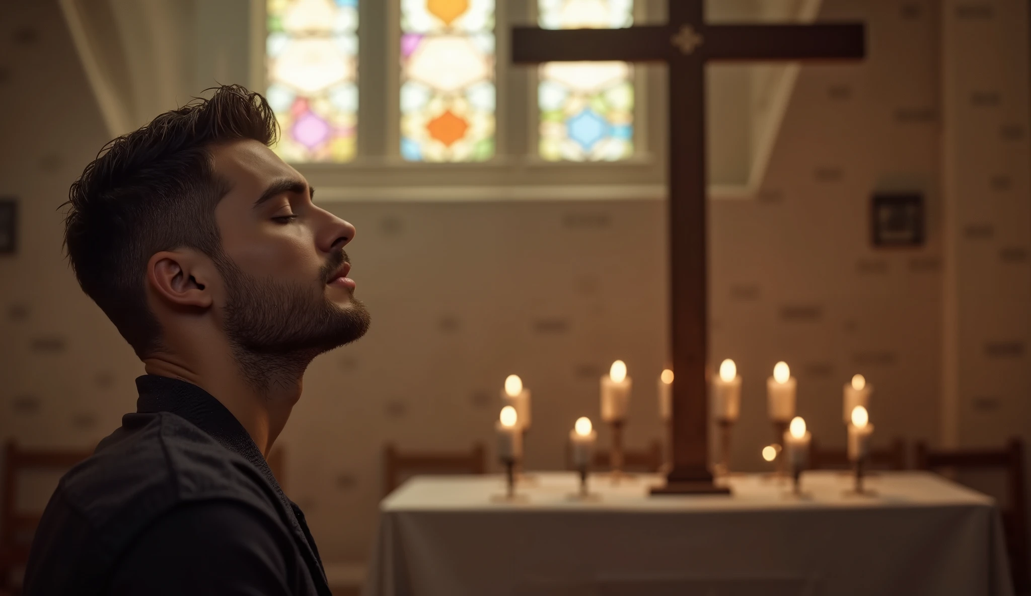 A handsome man with well-defined features sits slightly away from the camera beside a grand wooden cross, his eyes closed and head bowed in deep prayer. The background, captured with a realistic high-resolution bokeh effect, softly blurs the altar adorned with flickering candles and a delicate white cloth. The tall cross stands prominently, illuminated by soft beams of light filtering through stained-glass windows, casting gentle shadows on the stone walls. The warm, reverent atmosphere enhances the depth of the man's devotion. Positioned on the left side of the frame, the right side is intentionally left empty for text placement, ensuring a balanced and spiritually moving composition.