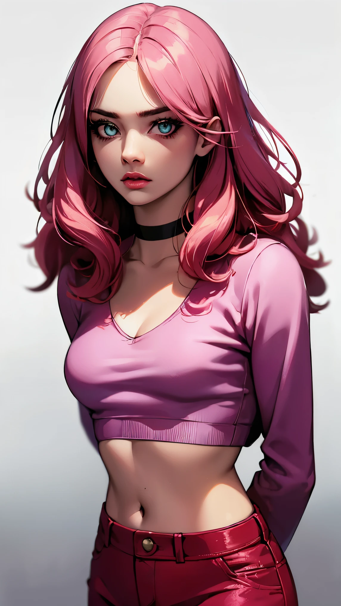 (masterpiece, best quality:1.4), official art, absurdres, vivid colors, looking at viewer, girl, asian , long pink hair, beautiful eyes, tight crop top, tight pants, choker, navel, slender, big breasts, cleavage, (arch back), small head, sharp focus, dynamic lighting, cinematic lighting, dramatic shadow, highres, ultra detailed, finely detail, extremely detailed, detailed eyes and face, sharp pupils, realistic pupils, simple background, (arms and hands behind back), pastel color palette,