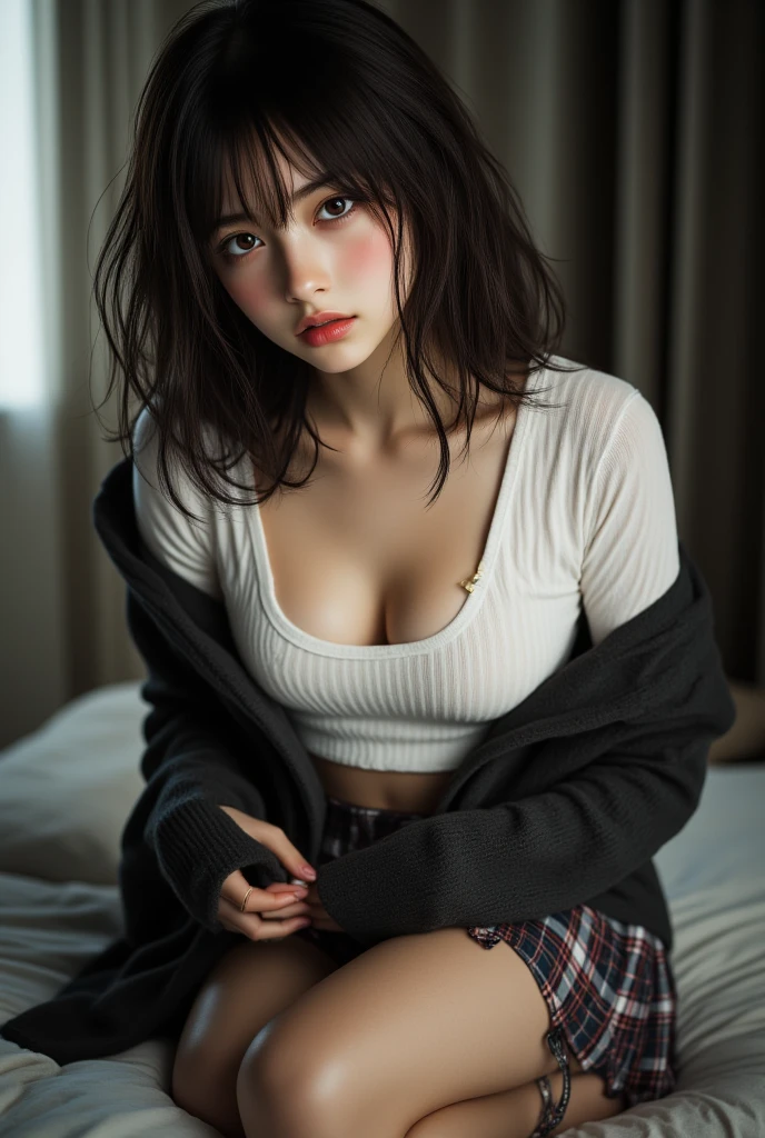 masterpiece、8K、32K、highest quality、(detailed eye)、(cute japanese woman、bangs)、23 years old、1 girl、elegant、(Detailed background depiction、Portrait:1.2)、(Plaid underwear:1.2)、outer、(movie, Ilford HP5, 80mm)、night、moonlight