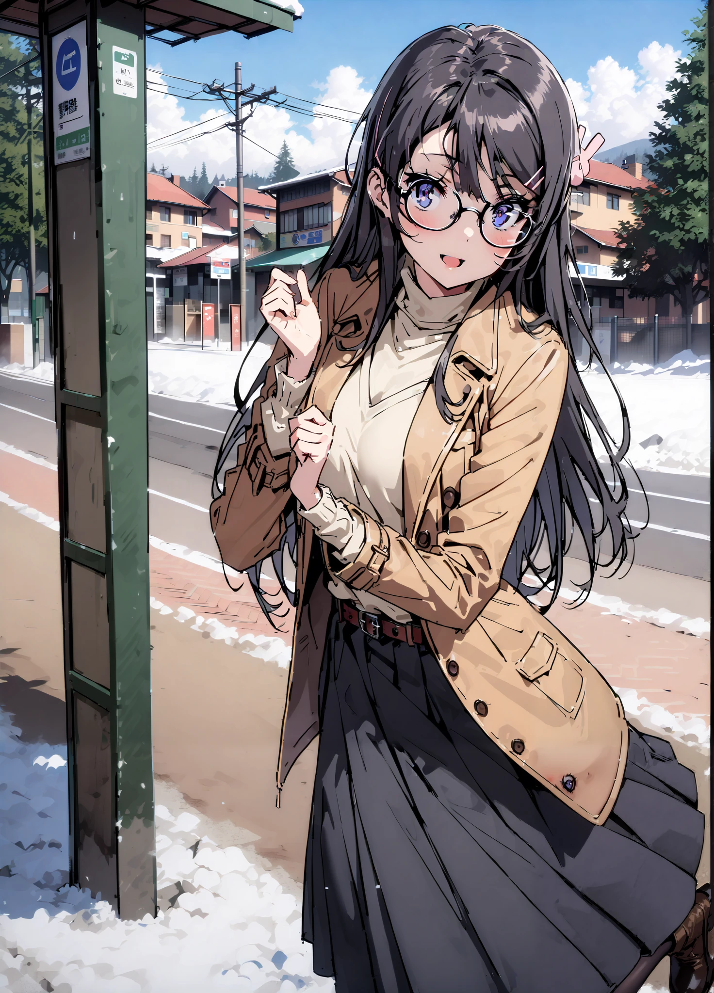 household, Mai Sakurajima , long hair, bungs, black hair,Alone, hair accessories, purple eyes, hair clip for hair, rabbit hair accessories,smile,blush,open your mouth,Glasses, duffle coat,(sweater :1.2),( turtleneck on acher:1.2),long skirt,long skirt,Black Pantyhose,boots,snow,winter,Standing residential area,Beautiful cityscape,,full bodyがイラストに入るように,
break looking at viewer,full body,
break outdoors, bus stop,
break (masterpiece:1.2),top quality , kampala, Unity 8K Wallpaper ,(shape:0.8),( fine, beautiful eyes :1.6),It's a person ,full body写真,CG Details , (perfect hands with full nudity, complete anatomy),