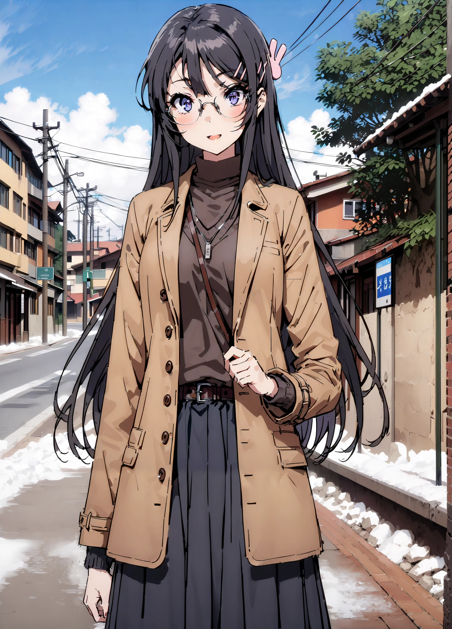 household, Mai Sakurajima , long hair, bungs,   black hair,Alone, hair accessories, purple eyes, hair clip for hair, rabbit hair accessories,smile,blush,open your mouth,Glasses, duffle coat,(sweater  :1.2),( turtleneck on acher:1.2),long skirt,long skirt,Black Pantyhose,boots,snow,winter,Standing residential area,Beautiful cityscape,,full bodyがイラストに入るように,
break looking at viewer,full body,
break outdoors, bus stop,
break (masterpiece:1.2),top quality , kampala, Unity 8K Wallpaper ,(shape:0.8),(  fine, beautiful eyes  :1.6),It's a person ,full body写真,CG Details , (perfect hands with full nudity, complete anatomy),