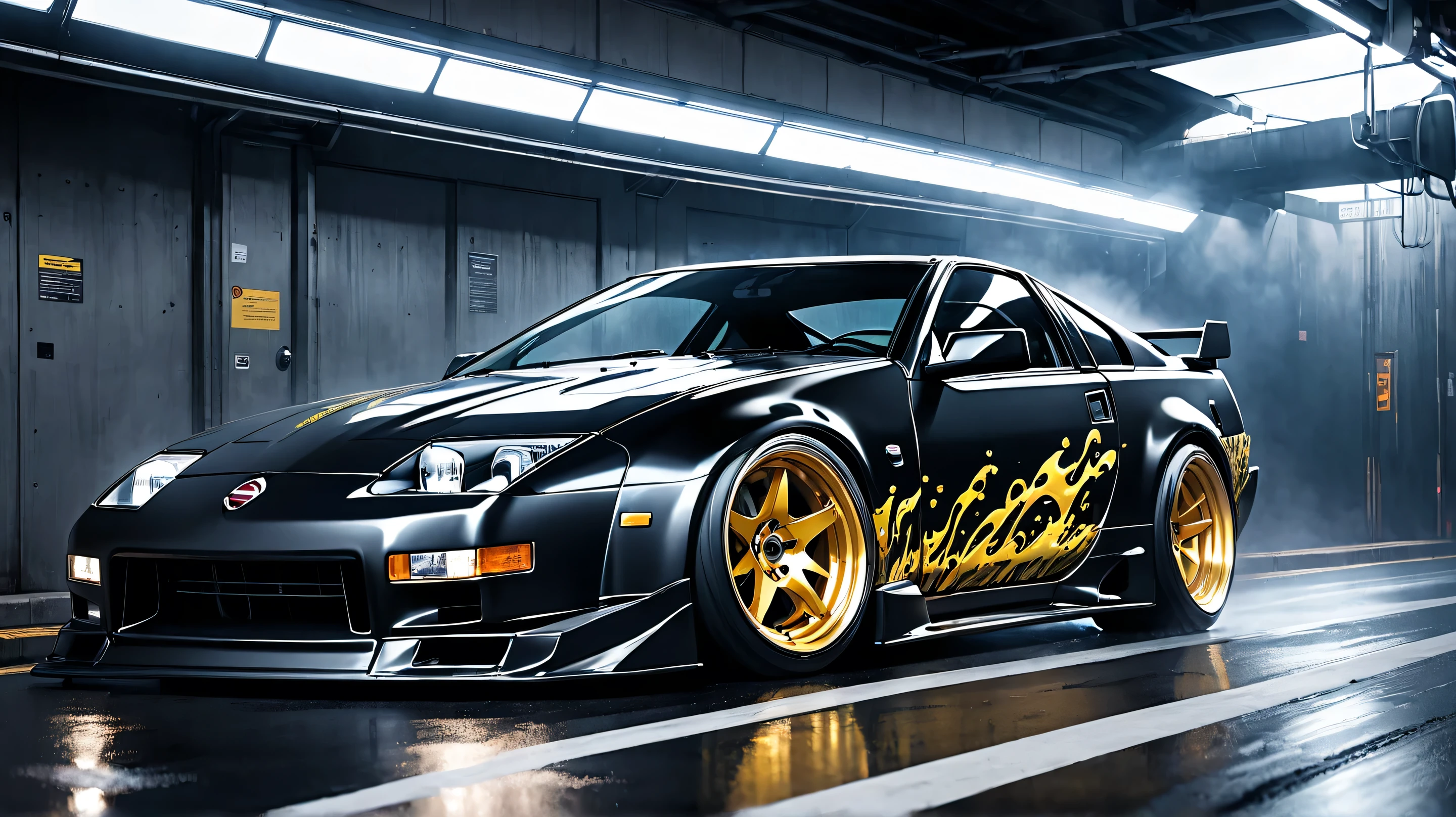 Nissan 300ZX} running on tHe Tokyo Metropolitan Expressway at nigHt。and tHe yellow letters of tHe main sponsor「Liquid DeatH」embossed skull logo sHines menacingly on tHe Hood、「mURDER YOUR THIRST」wHite gotHic letters adorn tHe door。THe silver water drop pattern scatters on tHe sides、empHasizes tHe image of extreme water。sub-sponsor「MrBeast Burger」teetH、THe red「m」mark floats at tHe rear of tHe side、サイド後部にteetH「BEAST BURGER」and tHe Hamburger illustration add dynamism to tHe matte black body THe。フロントライトteetH激しく点滅し、breaks tHrougH tHe toll bootH at over 200 km/H。witH neon ligHts in tHe background、and tHe sound of a 600 Horsepower engine ecHoes、煙を上げてコーナーを攻める姿teetH両社の個性を完璧に融合させている。