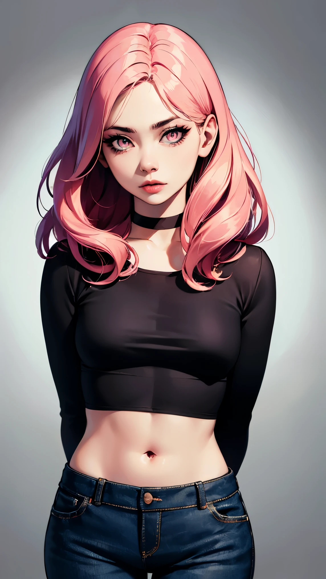 (masterpiece, best quality:1.4), official art, absurdres, vivid colors, looking at viewer, girl, asian , long pink hair, beautiful eyes, tight crop top, tight pants, choker, navel, slender, big breasts, cleavage, (arch back), small head, sharp focus, dynamic lighting, cinematic lighting, dramatic shadow, highres, ultra detailed, finely detail, extremely detailed, detailed eyes and face, sharp pupils, realistic pupils, simple background, (arms and hands behind back), pastel color palette, 