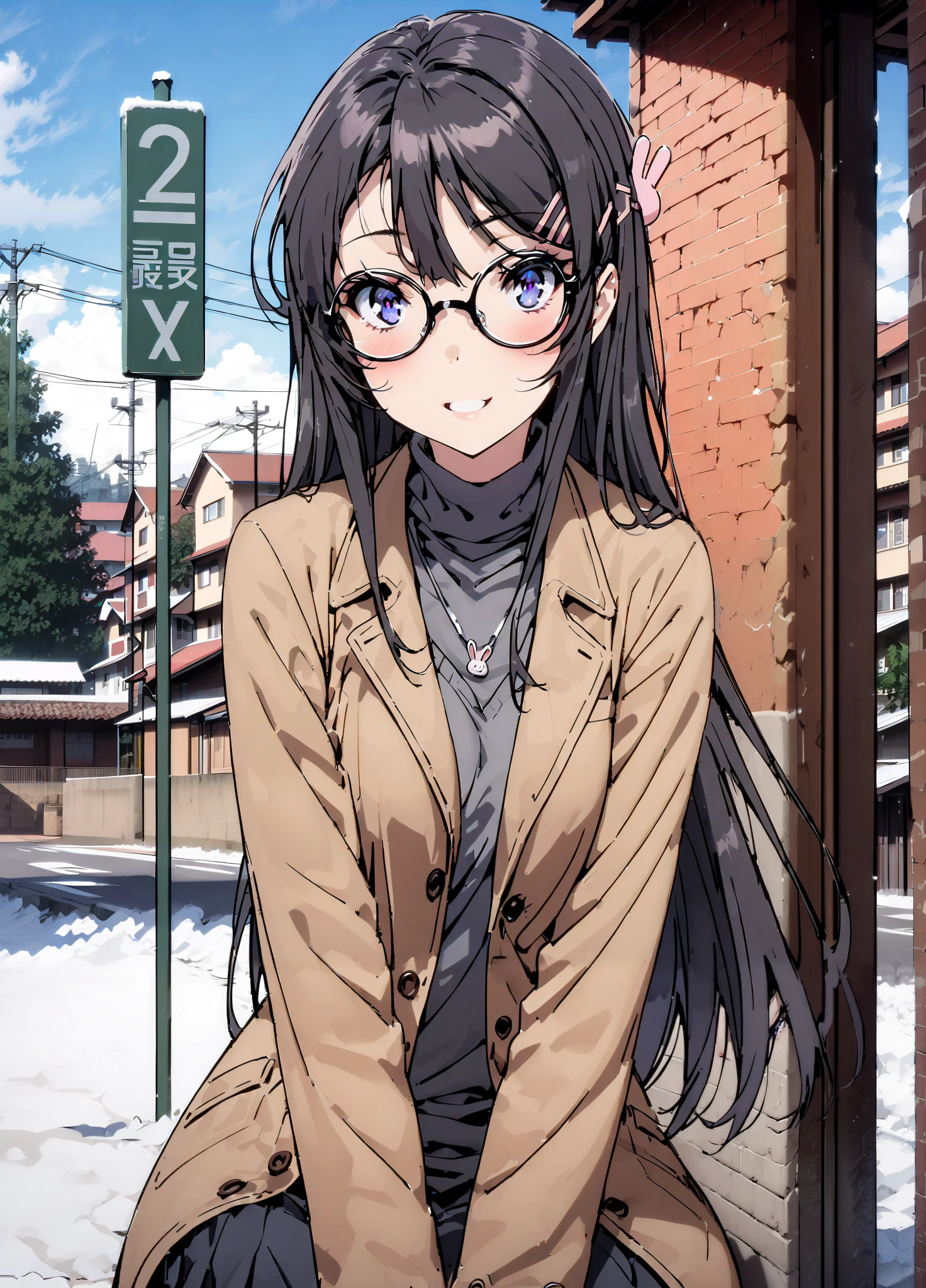 household, Mai Sakurajima , long hair, bungs,   black hair,Alone, hair accessories, purple eyes, hair clip for hair, rabbit hair accessories,smile,blush,open your mouth,Glasses, duffle coat,(sweater  :1.2),( turtleneck on acher:1.2),long skirt,long skirt,Black Pantyhose,boots,snow,winter,Standing residential area,Beautiful cityscape,,full bodyがイラストに入るように,
break looking at viewer,full body,
break outdoors, bus stop,
break (masterpiece:1.2),top quality , kampala, Unity 8K Wallpaper ,(shape:0.8),(  fine, beautiful eyes  :1.6),It's a person ,full body写真,CG Details , (perfect hands with full nudity, complete anatomy),