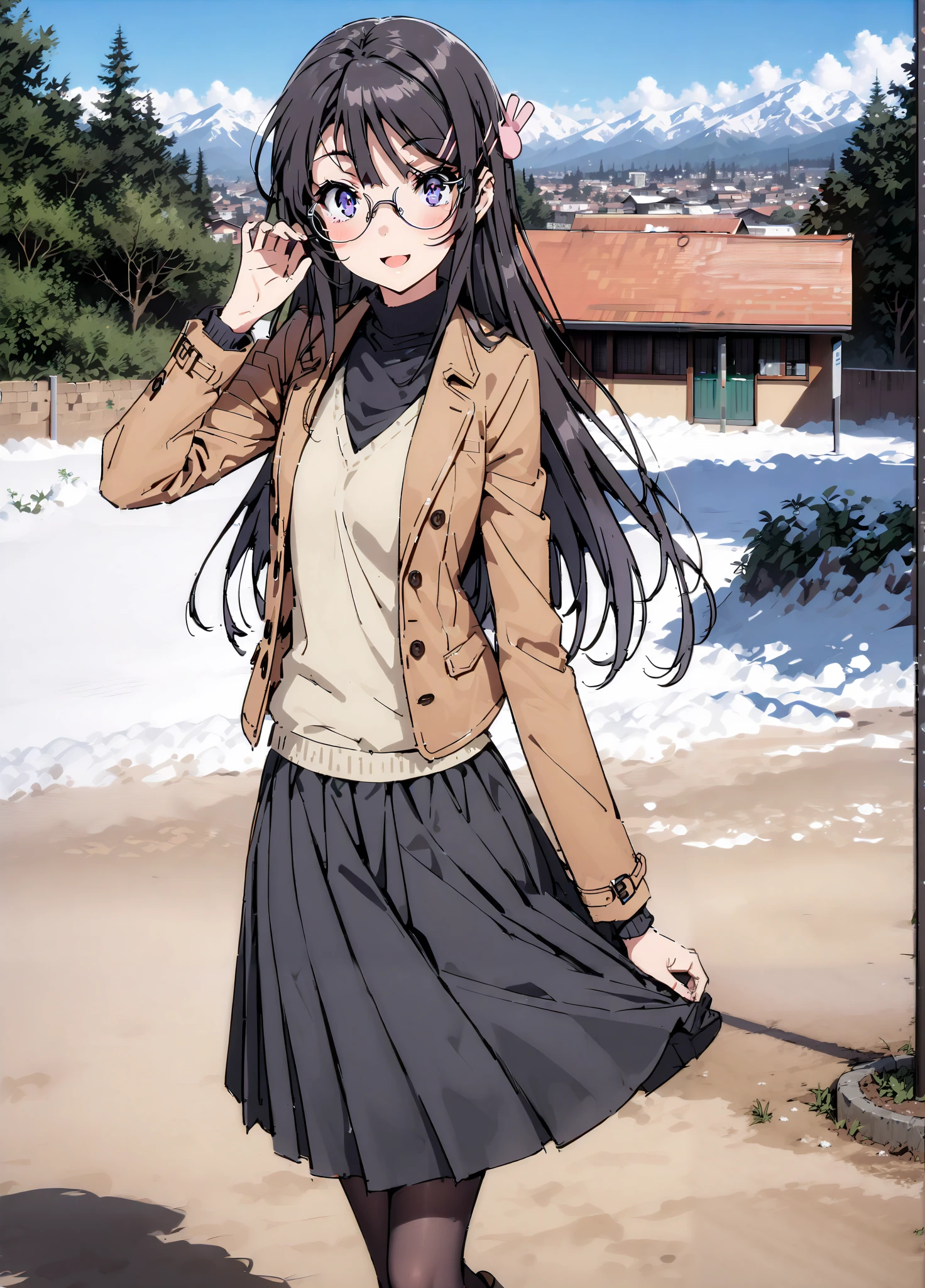 household, Mai Sakurajima , long hair, bungs, black hair,Alone, hair accessories, purple eyes, hair clip for hair, rabbit hair accessories,smile,blush,open your mouth,Glasses, duffle coat,(sweater :1.2),( turtleneck on acher:1.2),long skirt,long skirt,Black Pantyhose,boots,snow,winter,Standing residential area,Beautiful cityscape,,full bodyがイラストに入るように,
break looking at viewer,full body,
break outdoors, bus stop,
break (masterpiece:1.2),top quality , kampala, Unity 8K Wallpaper ,(shape:0.8),( fine, beautiful eyes :1.6),It's a person ,full body写真,CG Details , (perfect hands with full nudity, complete anatomy),