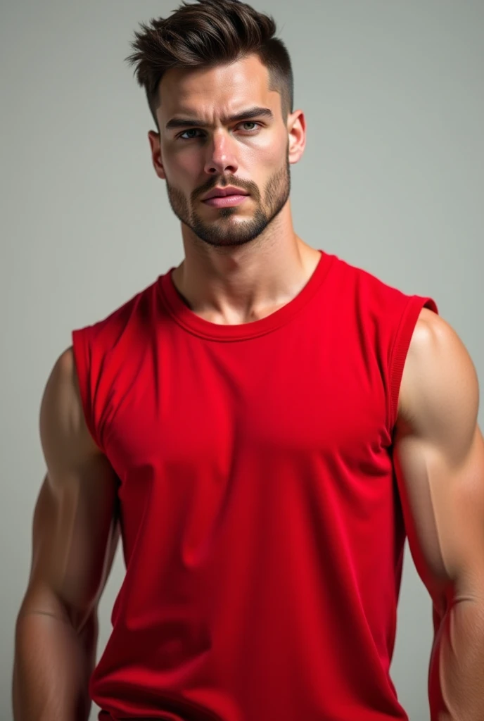 A 28 year old boy  in  tank top under vest and were black and red  trunk  make real life model real life model real life model real life model real life model