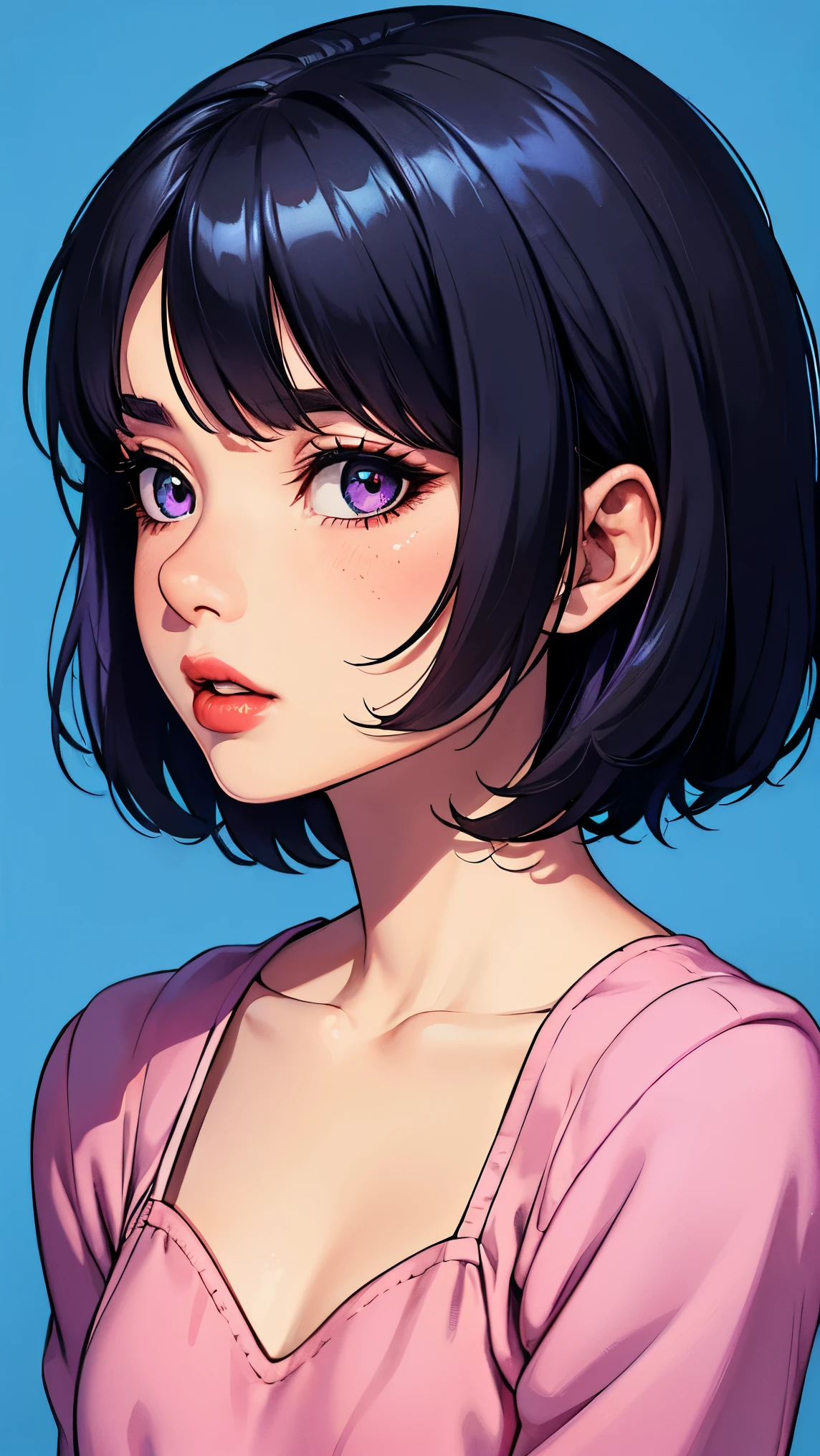 one girl, An ennui look、Upper body angle、 black background、bob cut、 short hair, colorful hair, parted lips, red lips, highest quality、masterpiece、small breasts, cleavage, shiny skin, (eyes looking off to side), Highly detailed, Amazing work,Vitreous luster, blues, purples, pinks, Best quality at best,shiny skin, no background, colorful background, blue background, pink background, purple background, plunging neckline, sexy pose, dynamic pose, heavy blushing, small breasts,