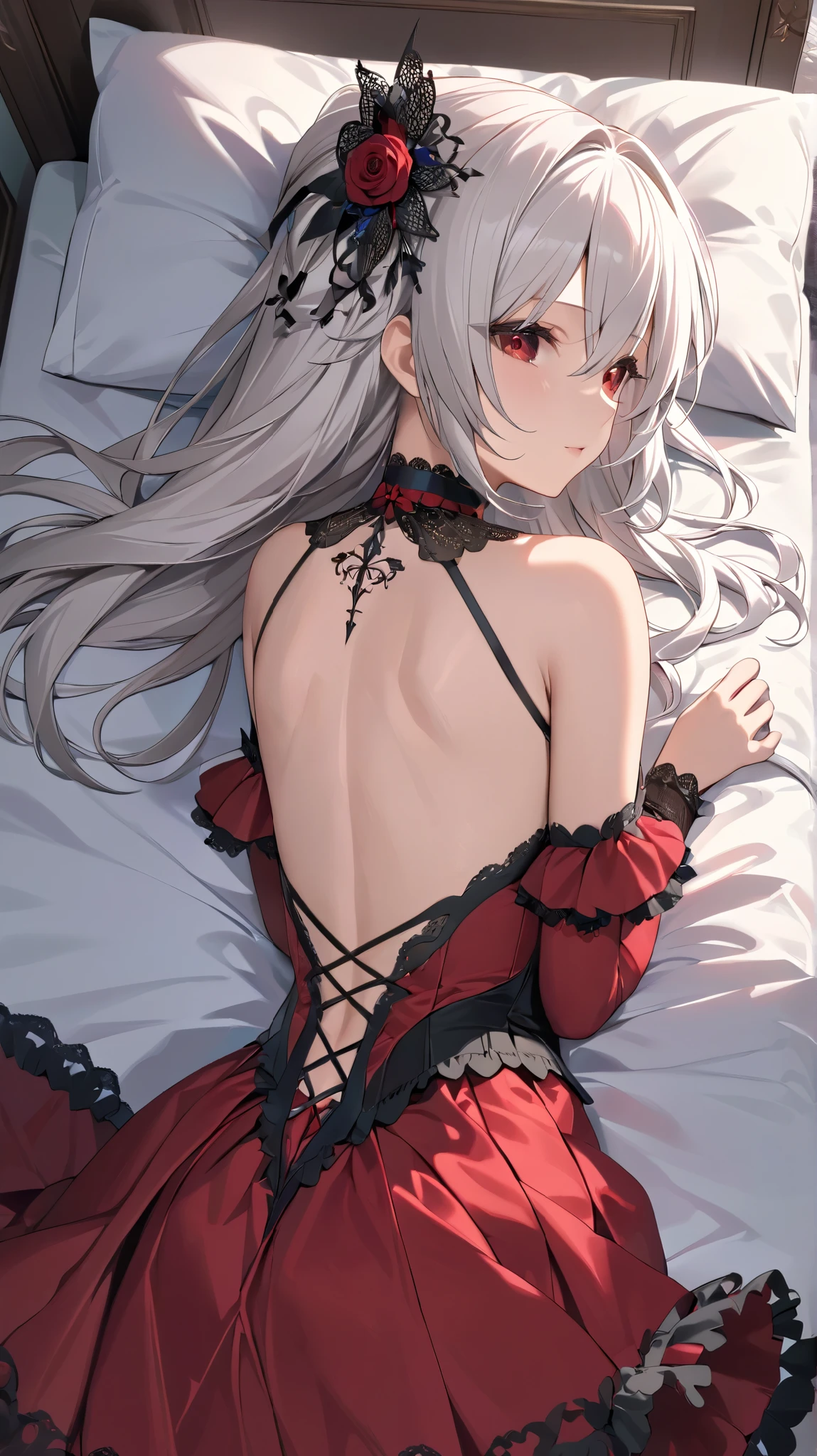 (top quality,  masterpiece, super precise, High Resolution), 8k,  Anatomically Accurate Body, Nightcore, gothic maiden anime girl lying on her back in bed, White-haired goddess, beautiful charming anime woman, beautiful face, perfect faces, 非常に詳細なbeautiful faceと目, charming face, detailed face, delicate facial features, red eyes, mature young girl, red dress, back view,  standing