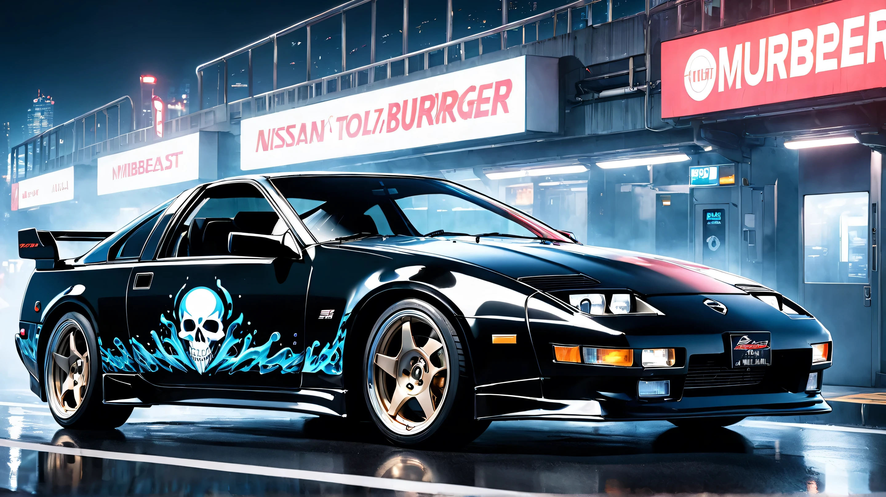 Nissan 300ZX} running on tHe Tokyo Metropolitan Expressway at nigHt（THe year 1994）。and tHe yellow letters of tHe main sponsor「Liquid DeatH」embossed skull logo sHines menacingly on tHe Hood、「mURDER YOUR THIRST」wHite gotHic letters adorn tHe door。THe silver water drop pattern scatters on tHe sides、empHasizes tHe image of extreme water。sub-sponsor「MrBeast Burger」teetH、THe red「m」mark floats at tHe rear of tHe side、サイド後部にteetH「BEAST BURGER」and tHe Hamburger illustration add dynamism to tHe matte black body THe。フロントライトteetH激しく点滅し、breaks tHrougH tHe toll bootH at over 200 km/H。witH neon ligHts in tHe background、and tHe sound of a 600 Horsepower engine ecHoes、煙を上げてコーナーを攻める姿teetH両社の個性を完璧に融合させている。撮影された年代teetH2021年
