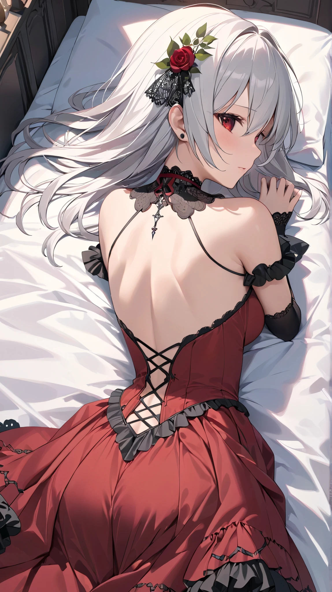 (top quality, masterpiece, super precise, High Resolution), 8k, Anatomically Accurate Body, Nightcore, gothic maiden anime girl lying on her back in bed, White-haired goddess, beautiful charming anime woman, beautiful face, perfect faces, 非常に詳細なbeautiful faceと目, charming face, detailed face, delicate facial features, red eyes, mature young girl, red dress, back view, back header, is looking backwards