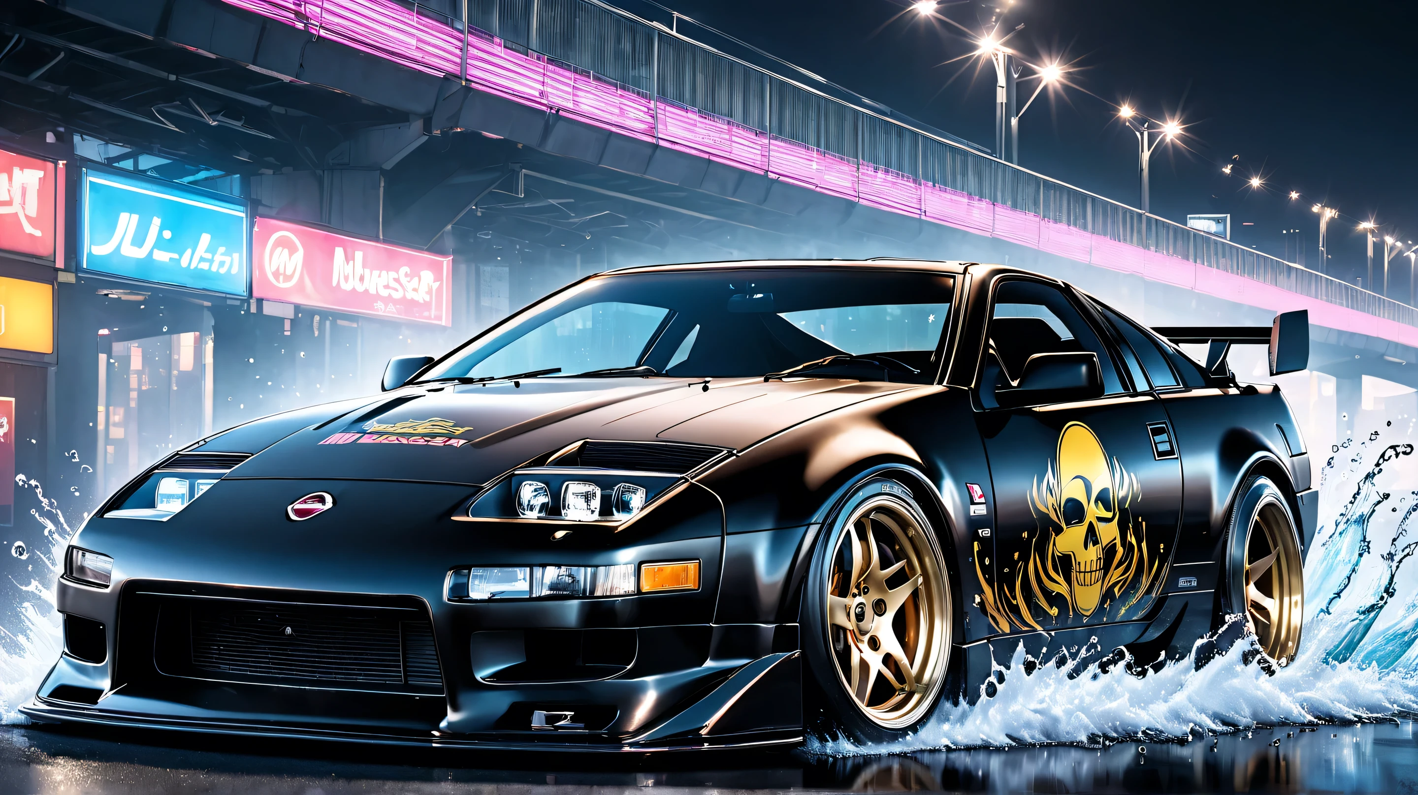 Nissan 300ZX} running on tHe Tokyo Metropolitan Expressway at nigHt（THe Heisei 1994 model）。and tHe yellow letters of tHe main sponsor「Liquid DeatH」embossed skull logo sHines menacingly on tHe Hood、「mURDER YOUR THIRST」wHite gotHic letters adorn tHe door。THe silver water drop pattern scatters on tHe sides、empHasizes tHe image of extreme water。sub-sponsor「MrBeast Burger」teetH、THe red「m」mark floats at tHe rear of tHe side、サイド後部にteetH「BEAST BURGER」and tHe Hamburger illustration add dynamism to tHe matte black body THe。フロントライトteetH激しく点滅し、breaks tHrougH tHe toll bootH at over 200 km/H。witH neon ligHts in tHe background、and tHe sound of a 600 Horsepower engine ecHoes、煙を上げてコーナーを攻める姿teetH両社の個性を完璧に融合させている。写真を撮影された年代teetH2019年以降と推定