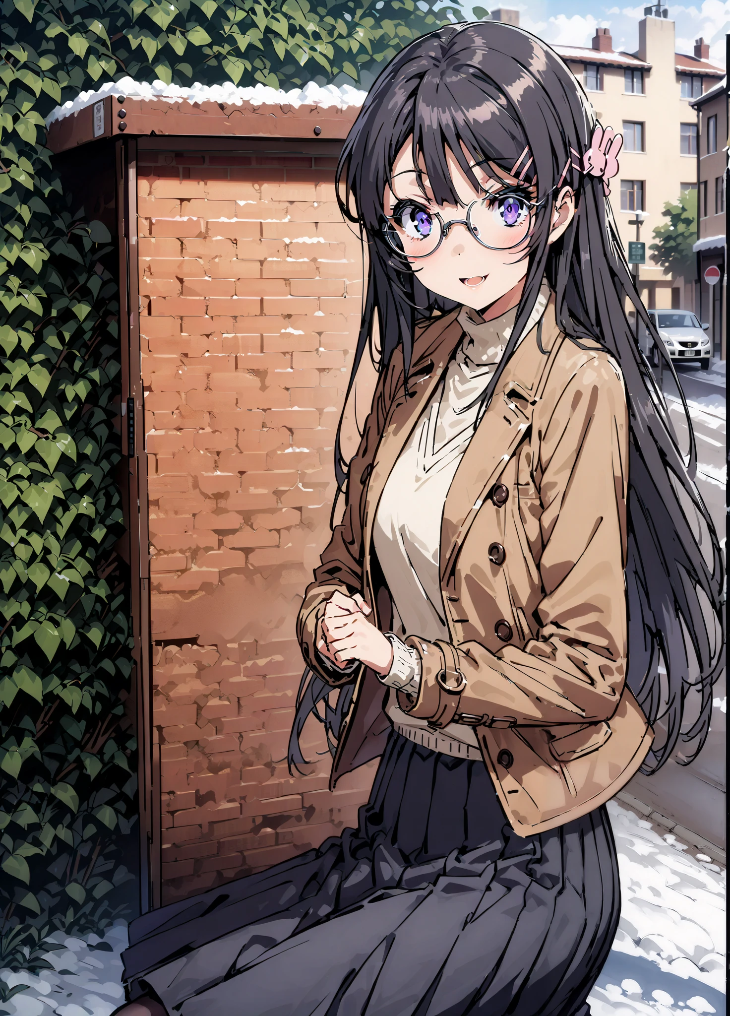 household, Mai Sakurajima , long hair, bungs, black hair,Alone, hair accessories, purple eyes, hair clip for hair, rabbit hair accessories,smile,blush,open your mouth,Glasses, duffle coat,(sweater :1.2),( turtleneck on acher:1.2),long skirt,long skirt,Black Pantyhose,boots,snow,winter,Standing residential area,Beautiful cityscape,,full bodyがillustration for both eyesに入るように,
break looking at viewer,full body,
break outdoors, bus stop,
break (masterpiece:1.2), top quality, High Resolution, Unity 8K Wallpaper , (illustration for both eyes:0.8), (Beautiful Detailed Eyes:1.6), very detailed face, perfect lighting, highly detailed CG, (perfect hand, perfect anatomy),