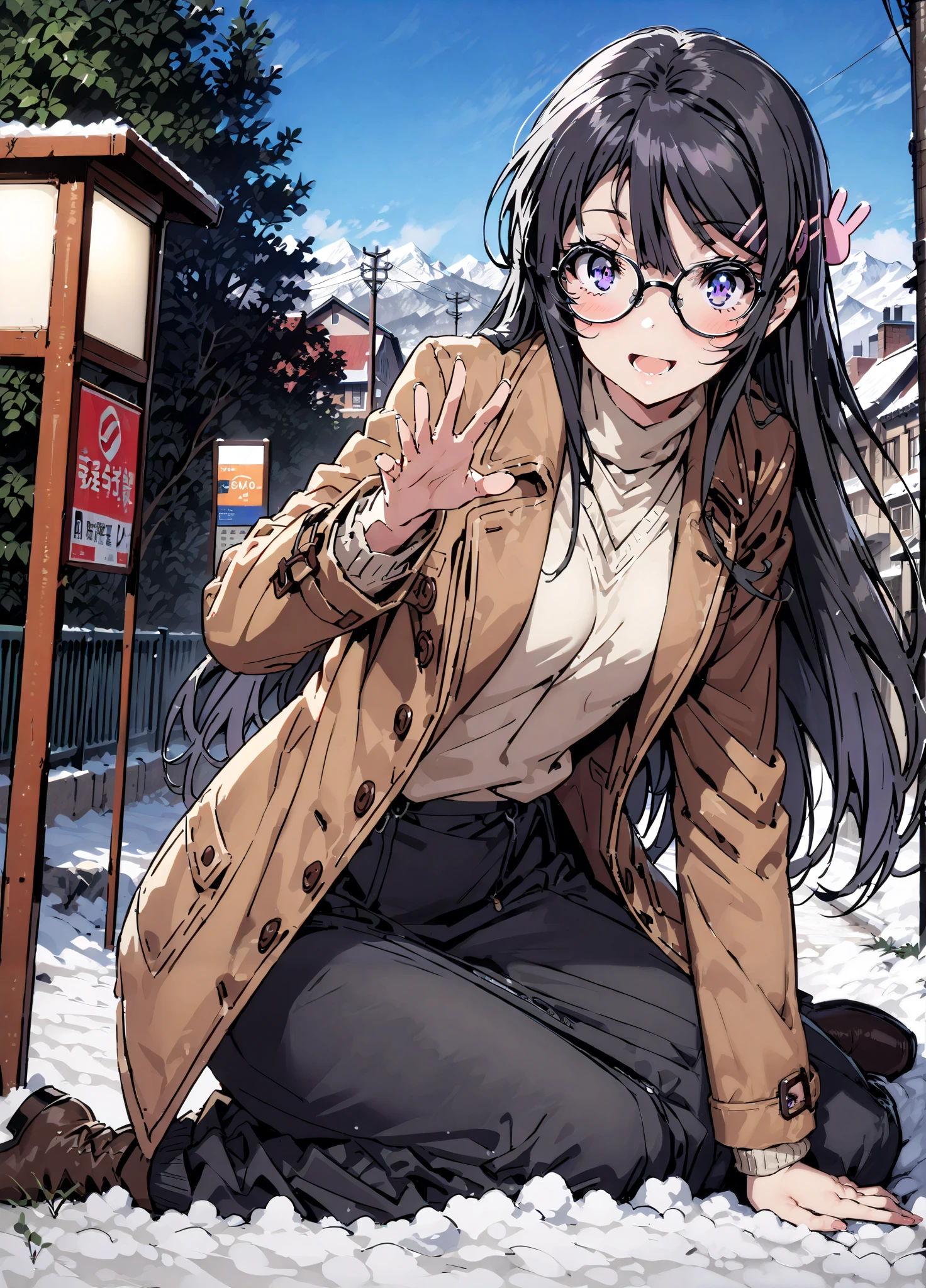 household, Mai Sakurajima , long hair, bungs, black hair,Alone, hair accessories, purple eyes, hair clip for hair, rabbit hair accessories,smile,blush,open your mouth,Glasses, duffle coat,(sweater :1.2),( turtleneck on acher:1.2),long skirt,long skirt,Black Pantyhose,boots,snow,winter,Standing residential area,Beautiful cityscape,,full bodyがillustration for both eyesに入るように,
break looking at viewer,full body,
break outdoors, bus stop,
break (masterpiece:1.2), top quality, High Resolution, Unity 8K Wallpaper , (illustration for both eyes:0.8), (Beautiful Detailed Eyes:1.6), very detailed face, perfect lighting, highly detailed CG, (perfect hand, perfect anatomy),