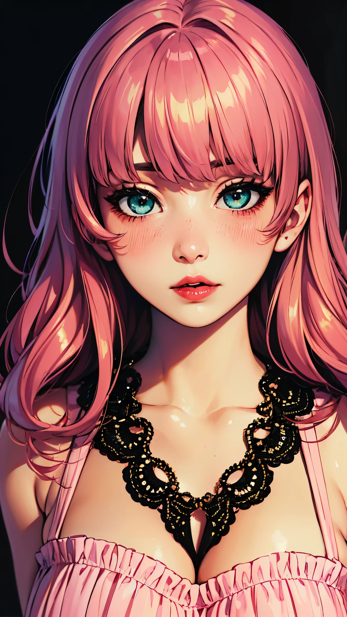 young asian harujuku hentai girl, hyperreal, 16k, ultra-detailed, manga, anime, Super detailed, Super exquisite, 8k, 1girl, lipstick, red lips, long pink hair, aqua eyes, dress, plunging neckline, makeup, big breasts, cleavage, looking at viewer, arms behind back, ulzzang, portrait, sexy, submissive, ((seductive)), ((heavy blushing)), shy, tease, Sharp focus, ((shiny skin)), ((naughty girl)),