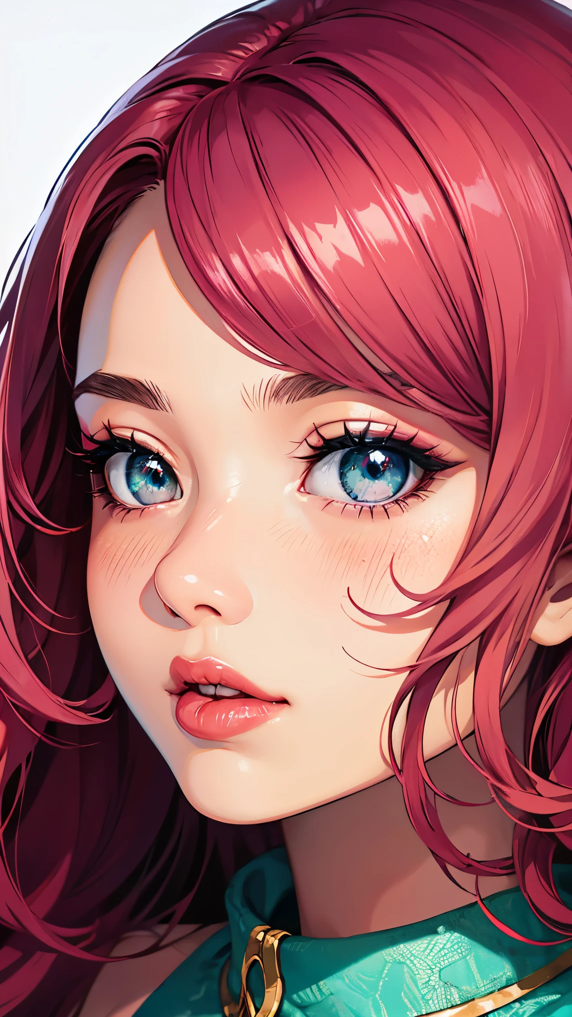 young asian harujuku hentai girl, hyperreal, 16k, ultra-detailed, manga, anime, Super detailed, Super exquisite, 8k, 1girl, lipstick, red lips, long pink hair, aqua eyes, dress, plunging neckline, makeup, big breasts, cleavage, looking at viewer, arms behind back, ulzzang, portrait, sexy, submissive, ((seductive)), ((heavy blushing)), shy, tease, Sharp focus, ((shiny skin)), ((naughty girl)),