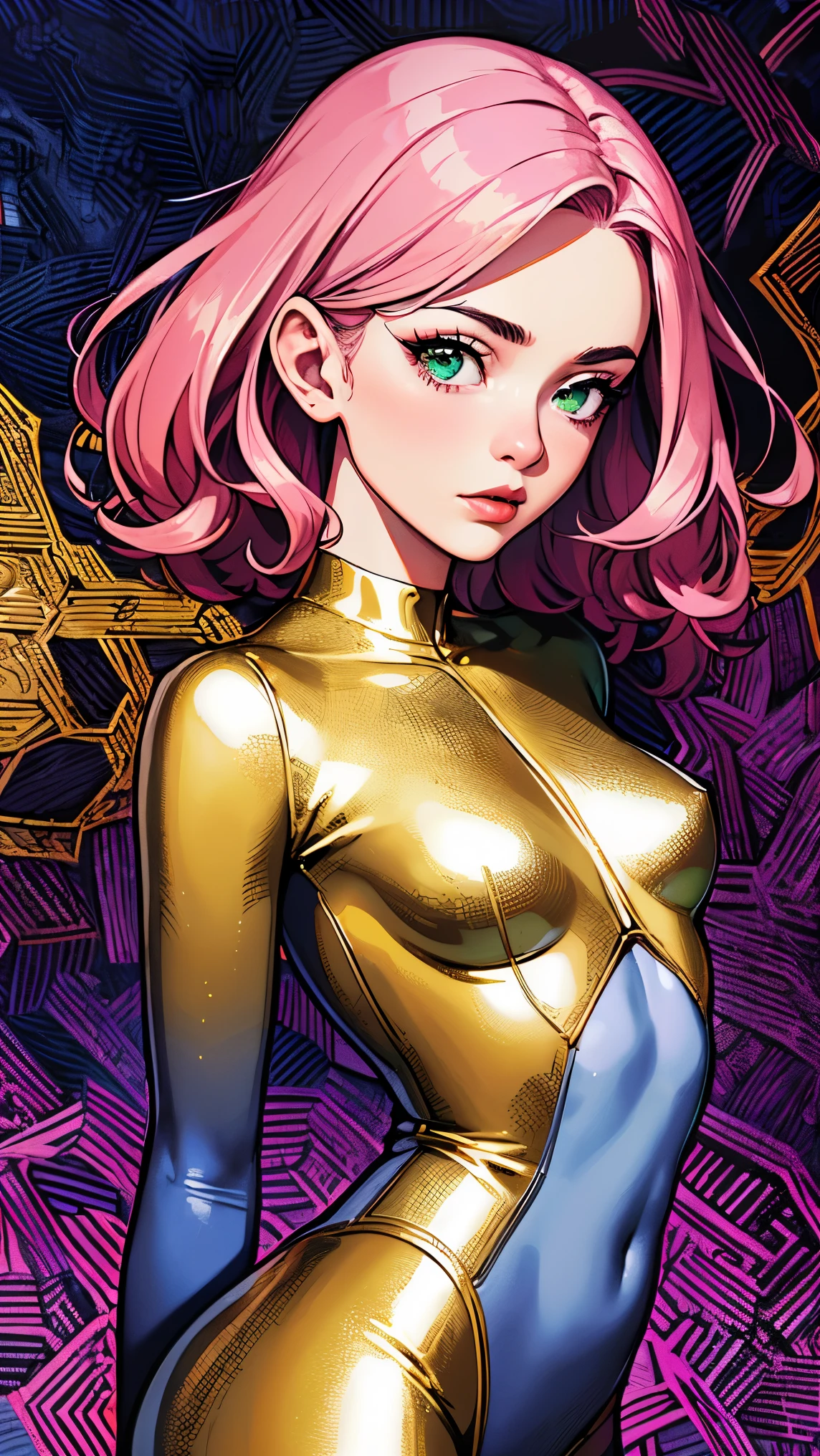 {Celestial hues, lofi, shiny aura, cute, pink hair, ((green eyes)), big pretty realistic eyes, ((cat girl), (small breasts), (cleavage), sexy, submissive, highly detailed, holographic glowing motifs, geometric, perfect composition , beautiful, perfect eyes, full lips, 96k, best quality, full shot ))) (masterpiece, top quality, best quality, official art, beautiful and aesthetic:1.2), (1girl:1.3), extremely detailed,(fractal art:1.1),(colorful:1.1),highest detailed,(zentangle:1.2), (dynamic pose), (abstract background:1.5), (gradient bodysuit:1.2), (shiny skin), (gold metallic:1.4), arms behind back, ((underboob)), sexy expression, submissive, blushing, Kizi,Highly detailed, Amazing work,Vitreous luster,((clean backdrop)),In purple,(((blue colors))),red color,yellow colour,Best quality at best,clean backdrop, plunging neckline, goth,