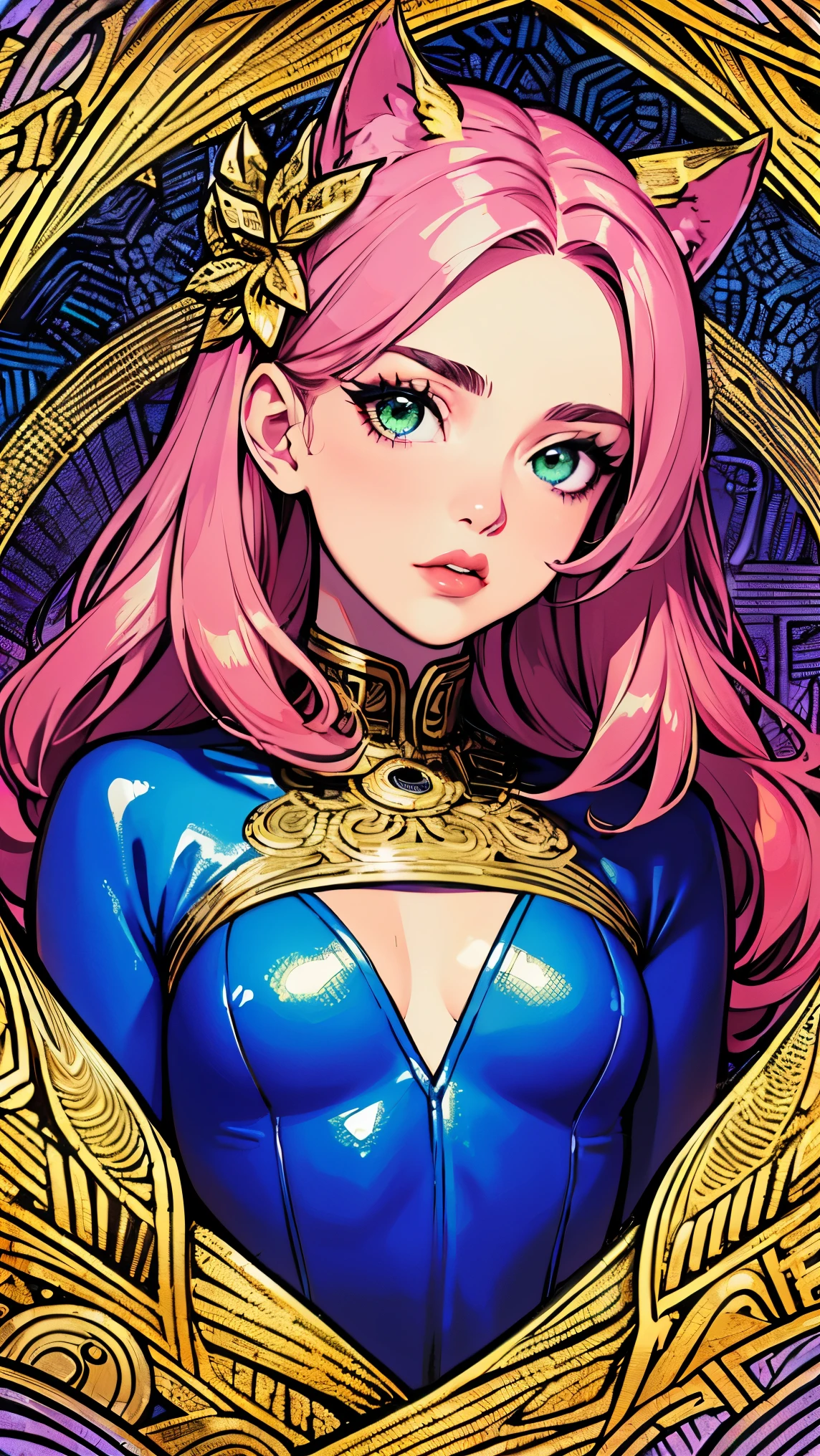{Celestial hues, lofi, shiny aura, cute, pink hair, ((green eyes)), big pretty realistic eyes, ((cat girl), (small breasts), (cleavage), sexy, submissive, highly detailed, holographic glowing motifs, geometric, perfect composition , beautiful, perfect eyes, full lips, 96k, best quality, full shot ))) (masterpiece, top quality, best quality, official art, beautiful and aesthetic:1.2), (1girl:1.3), extremely detailed,(fractal art:1.1),(colorful:1.1),highest detailed,(zentangle:1.2), (dynamic pose), (abstract background:1.5), (gradient bodysuit:1.2), (shiny skin), (gold metallic:1.4), arms behind back, ((underboob)), sexy expression, submissive, blushing, Kizi,Highly detailed, Amazing work,Vitreous luster,((clean backdrop)),In purple,(((blue colors))),red color,yellow colour,Best quality at best,clean backdrop, plunging neckline, goth,