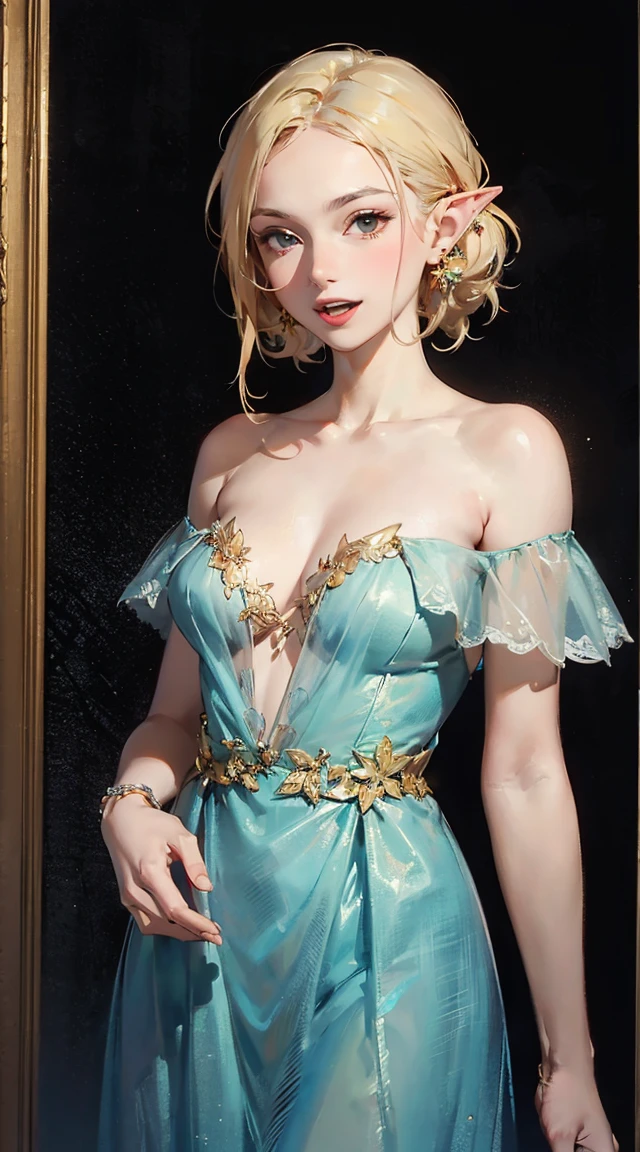 25-year-old Caucasian woman、ash blonde、blue eyess、Semi-long、setting hair、I'm tying my hair、My hair is wavy、Slender but thin macho、accessories on the wrist、wearing a chain necklace、Beautiful breasts、a smile、I need space above my head、Wearing a high-leg retard、Wearing heels、