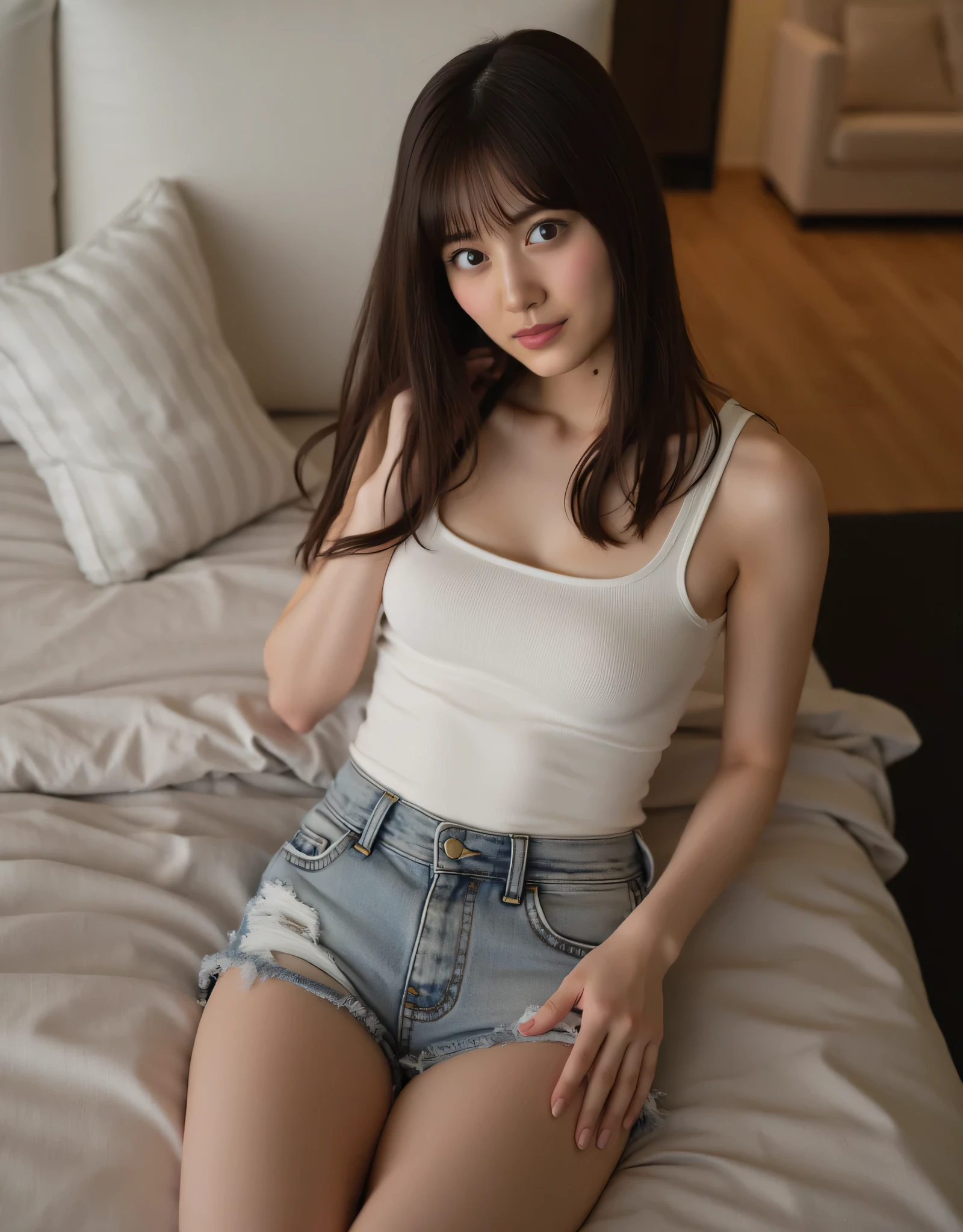 Relaxing in a room, 20 years old ((with bangs, dark brown hair, medium long hair)), she has a hot hourglass body with huge tots and bubble butt, (she is looking at the camera), black eyes, (blonde long hair), realistic and detailed face, beautiful woman, , detailed face, masterpiece, style, Ultra detailed and realistic 8K beautiful model, long hair, hourglass body, athletic body, (((she is wearing micro denim distressed shorts and ivory white sleeveless shirt))), (sexy), photorealistic.