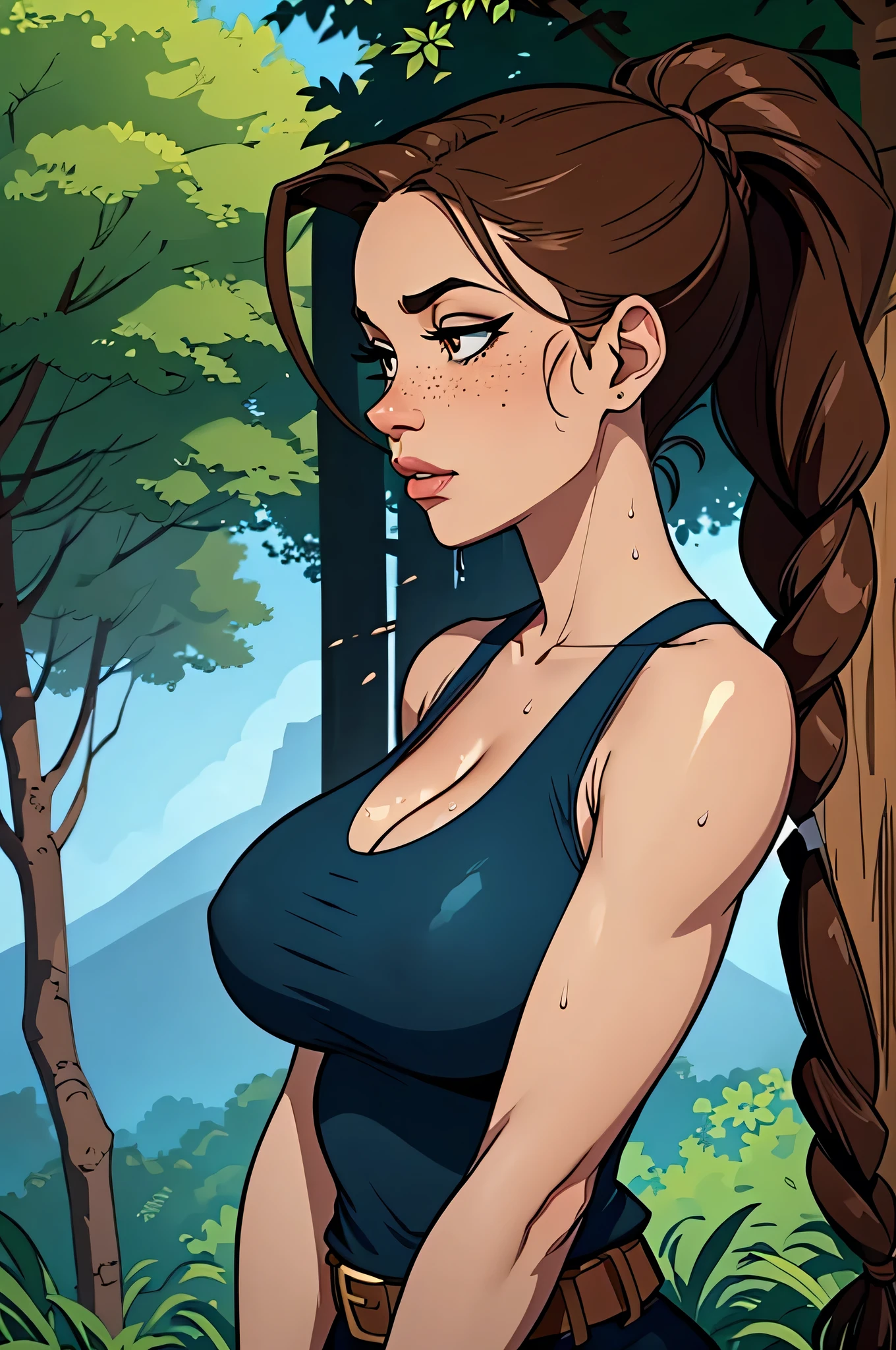 ( absurd lines, of high quality, Ultra Delicate , hand care) close up of an athletic and slender woman, 30 years, 8k (( high definition)), thoughtful face, Seductive look (( looking at the camera)), brown eyes, wearing an oil blue tank top (( V-neck, sleeveless )), brown belt, arms positioned on the sides of the body, dark skin, long straight brown hair (( with a braided ponytail )), She is strolling through the jungle (( upper body, side view )), with freckles on your chest and neck , (( big round breasts, sweaty )), (( Well defined collarbone)). Estilo Marvel de linhas of high quality, forest in the background.