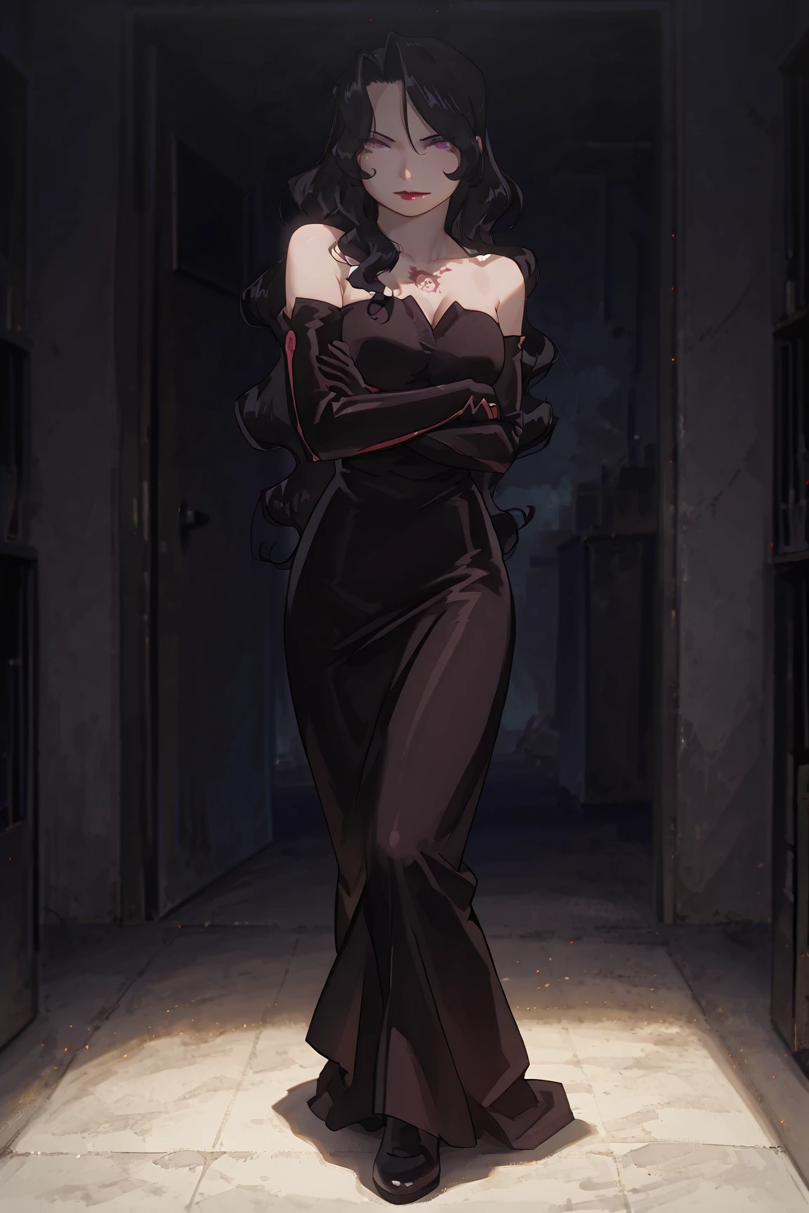 miorine, a noble woman with her long black hair, in modest intricate beautiful black dress. her moderate breast is pushed by her dress, and her leg peeked our from the slit on the dress skirt creating a lustrous curve. standing in front of large office desk. portrait until her thighs, looking up to viewer with blushing at her cheeks, her beautiful smile is captivating.