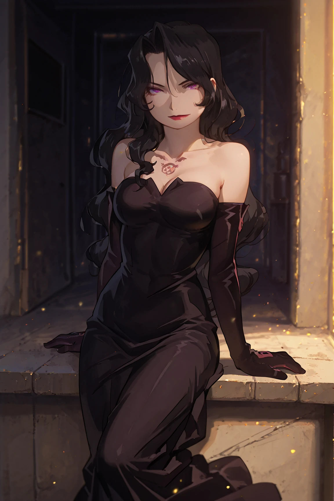 1girl,solo, (slender figure) , tanned skin color, dark brown eyes, (long curly black hair), (long black dress, side cut outs, cleavage, standing full body), mysterious girl, jewels, bright makeup, insanely beautiful, (brick wall behind) , (masterpiece), (best quality:1.4), (extremely detaile), young girl, sexy, thick