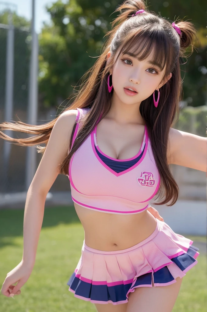 beautiful girl, brown eyes, beautiful 18 year old girl, hair color [Brown highlights hair], [undercut pixie] hair, short hair, lips, realistic, narrow waist, charming, pink lipstick, colorful makeup, long eyelashes, fair skin, (cute), (detailed face), detailed eyes, detailed iris, (large breasts:1.2), smirk, (cleavage, sleeveless top, midriff, miniskirt, cheerleader), 