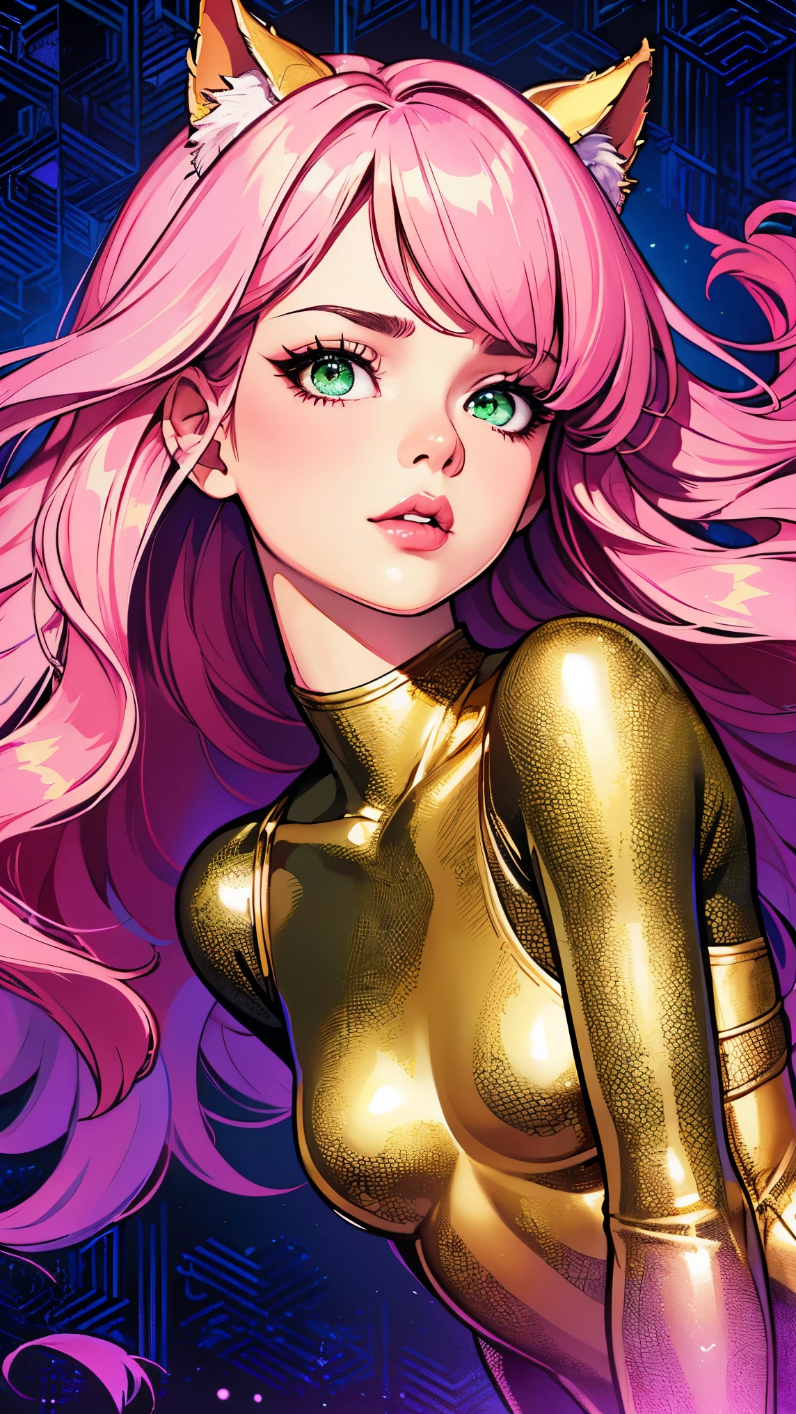 {Celestial hues, lofi, shiny aura, cute, pink hair, ((green eyes)), big pretty realistic eyes, ((cat girl), (small breasts), (cleavage), sexy, submissive, highly detailed, holographic glowing motifs, geometric, perfect composition , beautiful, perfect eyes, full lips, 96k, best quality, full shot ))) (masterpiece, top quality, best quality, official art, beautiful and aesthetic:1.2), (1girl:1.3), extremely detailed,(fractal art:1.1),(colorful:1.1),highest detailed,(zentangle:1.2), (dynamic pose), (abstract background:1.5), (gradient bodysuit:1.2), (shiny skin), (gold metallic:1.4), arms behind back, ((underboob)), sexy expression, submissive, blushing, Kizi,Highly detailed, Amazing work,Vitreous luster,((clean backdrop)),In purple,(((blue colors))),red color,yellow colour,Best quality at best,clean backdrop, plunging neckline, goth,